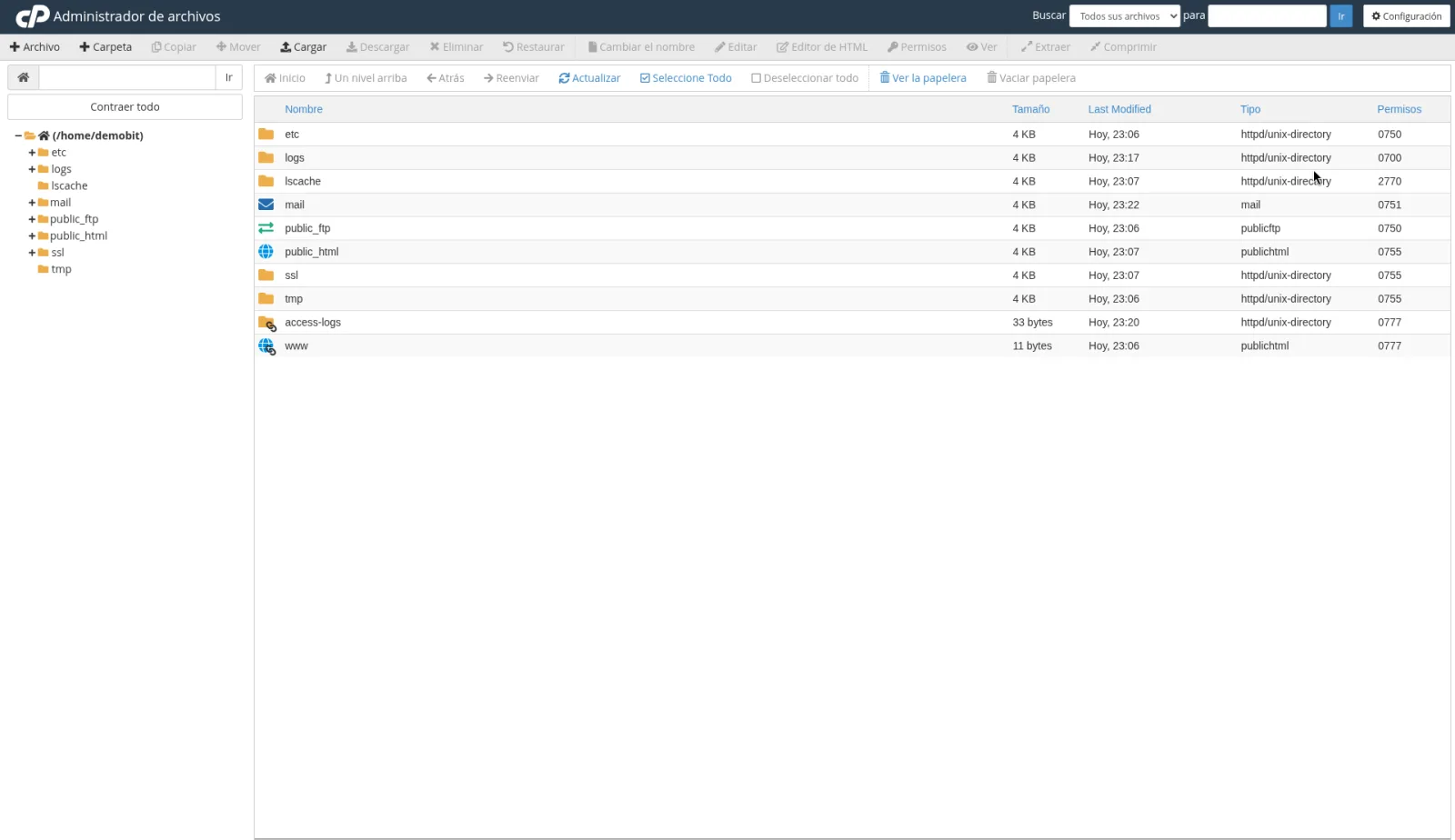 Raíz del administrador de archivos, con public_html, mail, logs, ssl y tmp, y la barra Archivo, Carpeta, Cargar, Editar y Permisos.