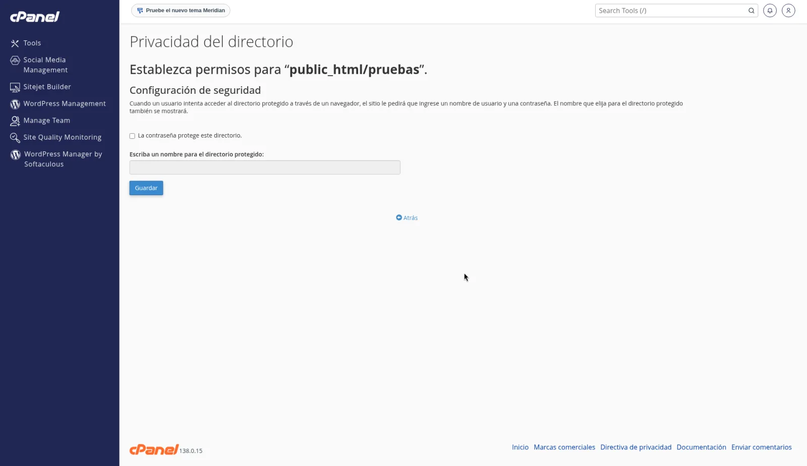 Privacidad del directorio para public_html/pruebas, con La contraseña protege este directorio y el nombre del directorio protegido.