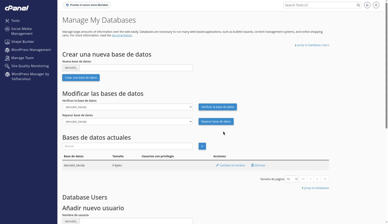 Añadir usuario a la base de datos con el usuario y la base de ejemplo seleccionados y el botón Añadir.