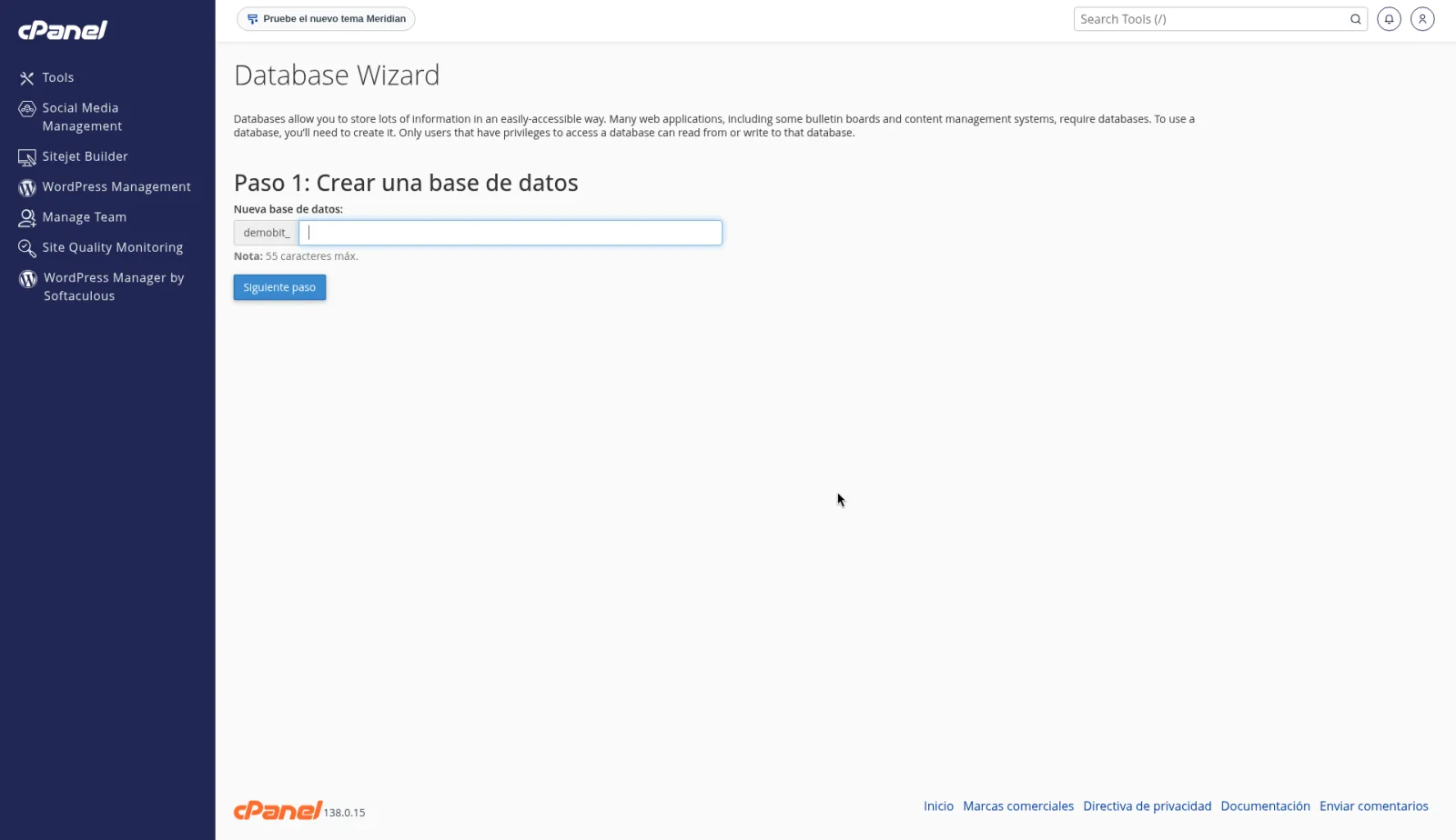 Database Wizard en el paso 1, Crear una base de datos, con el sufijo del nombre y el botón Paso 1.