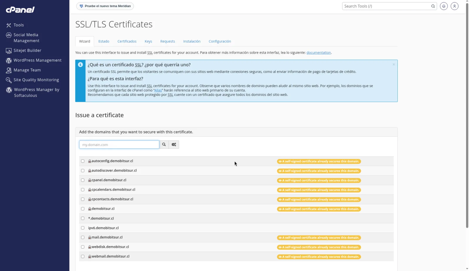 Página SSL/TLS con los accesos a claves, certificados, solicitudes e instalación, y el enlace para administrar los anfitriones.