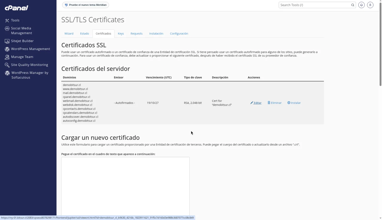 Lista de certificados con el dominio de ejemplo marcado como autofirmado, el emisor y el vencimiento.