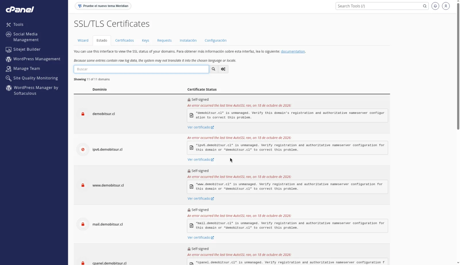 SSL/TLS Status del dominio de prueba, con Certificate Status en Self-signed y el error de AutoSSL por dominio no administrado.