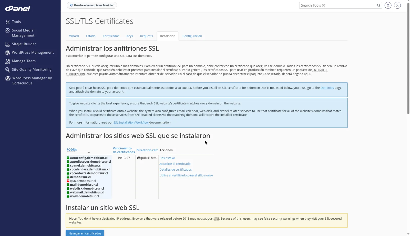 Administrar anfitriones SSL con la lista de nombres del dominio de ejemplo y las acciones para ver o instalar el certificado.