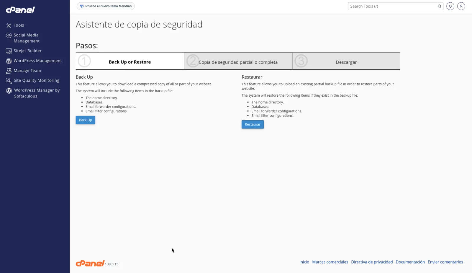 Asistente de copia de seguridad con las opciones Copia de seguridad y Restaurar.
