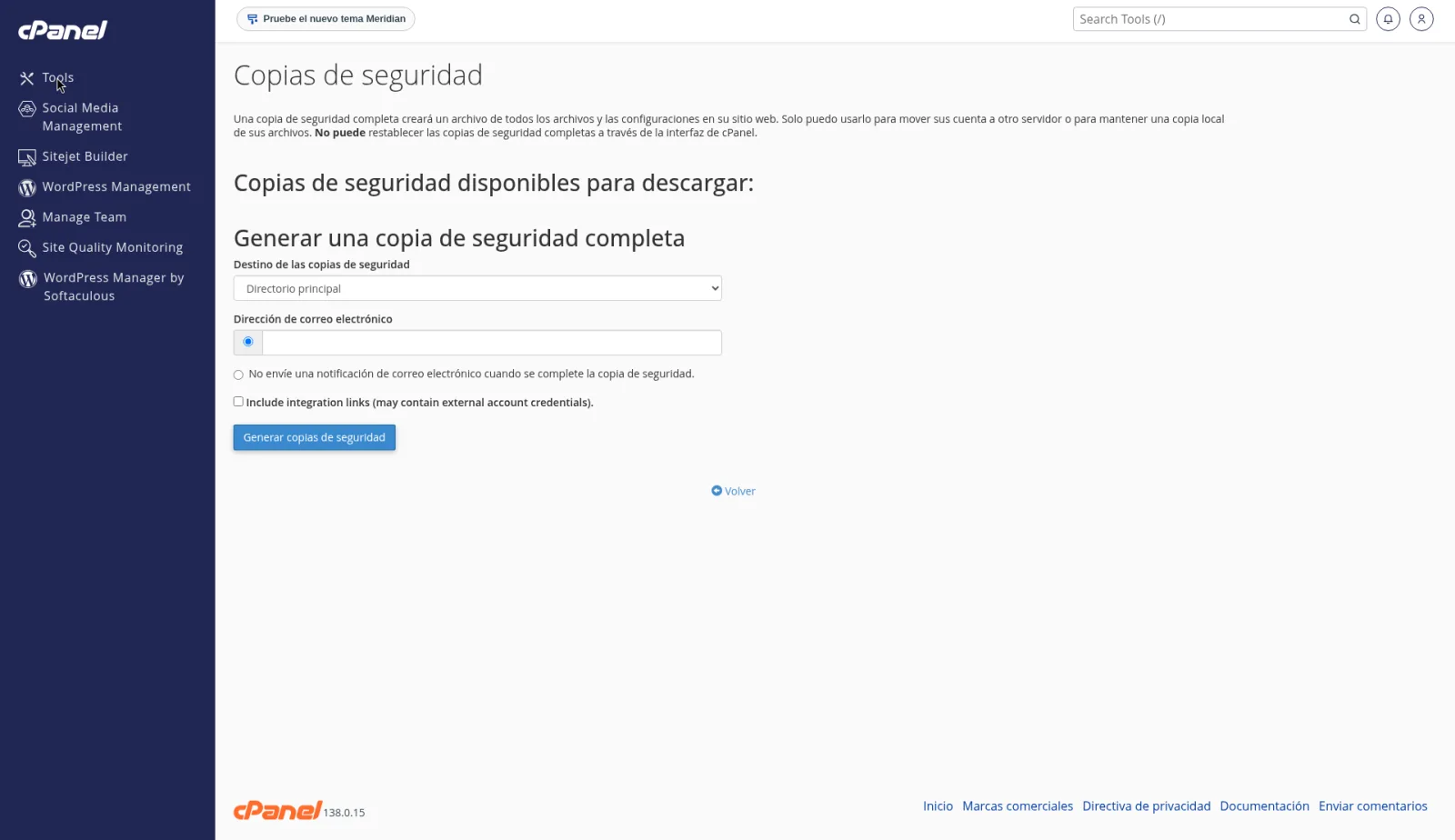 Formulario Generar una copia de seguridad completa con destino Directorio principal y la opción de no enviar correo al terminar.