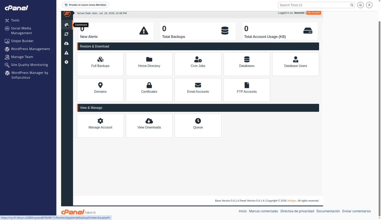 Dashboard de JetBackup 5 con el menú Full Account Backups, Home Directory, Email Accounts, Database y Queue.