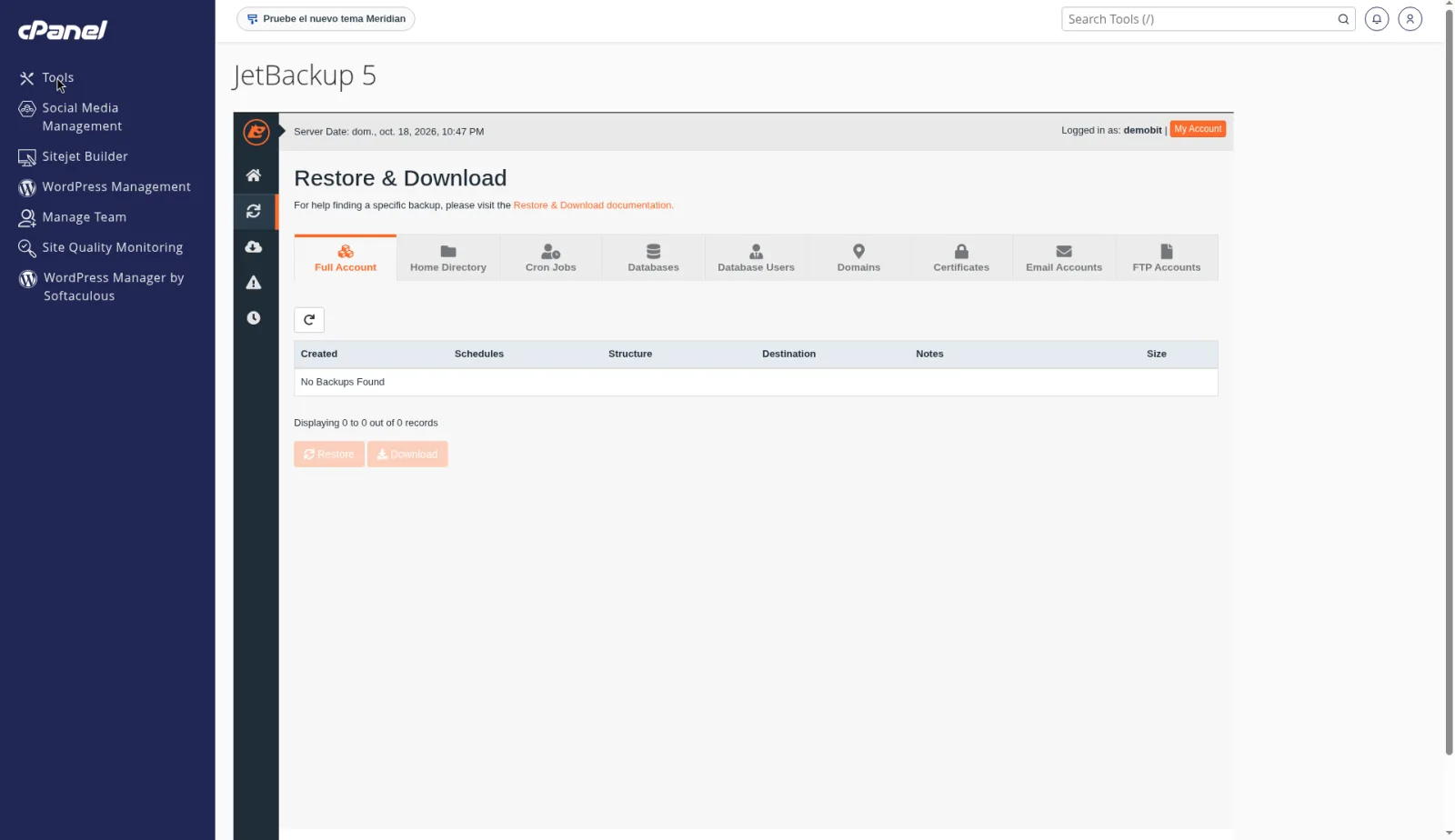 Full Account Backups de JetBackup 5 con el aviso No Backups Found en la cuenta de ejemplo.
