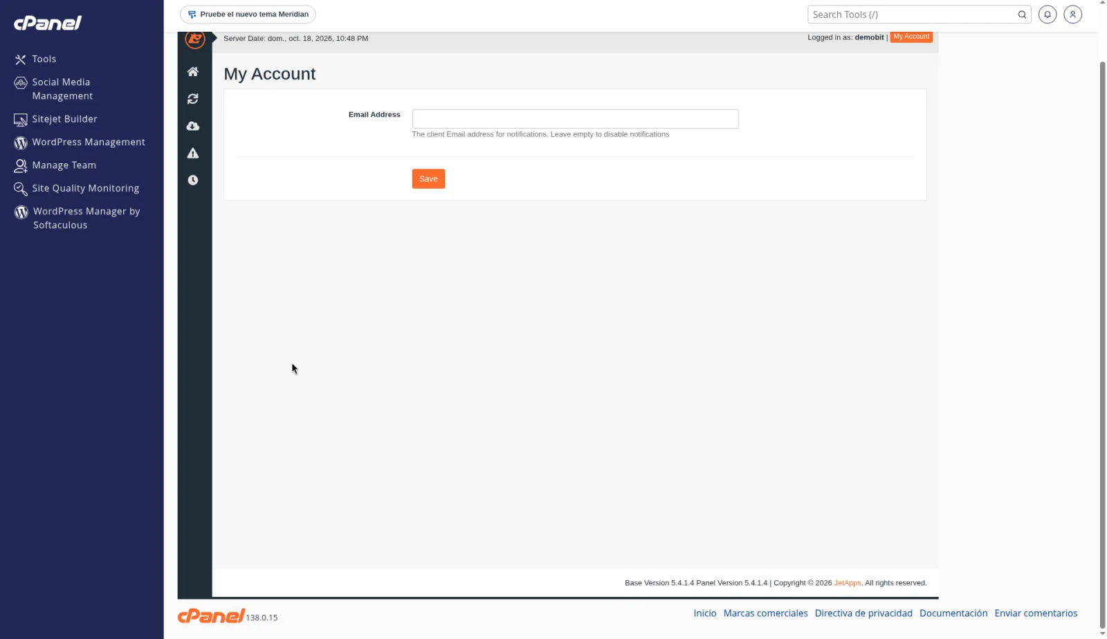 My Account de JetBackup 5, con el formulario de la cuenta de ejemplo todavía sin guardar.