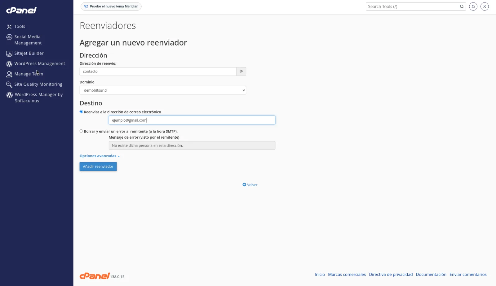 Formulario Agregar un nuevo reenviador con Dirección de reenvío contacto, el dominio y Reenviar a la dirección de correo electrónico.
