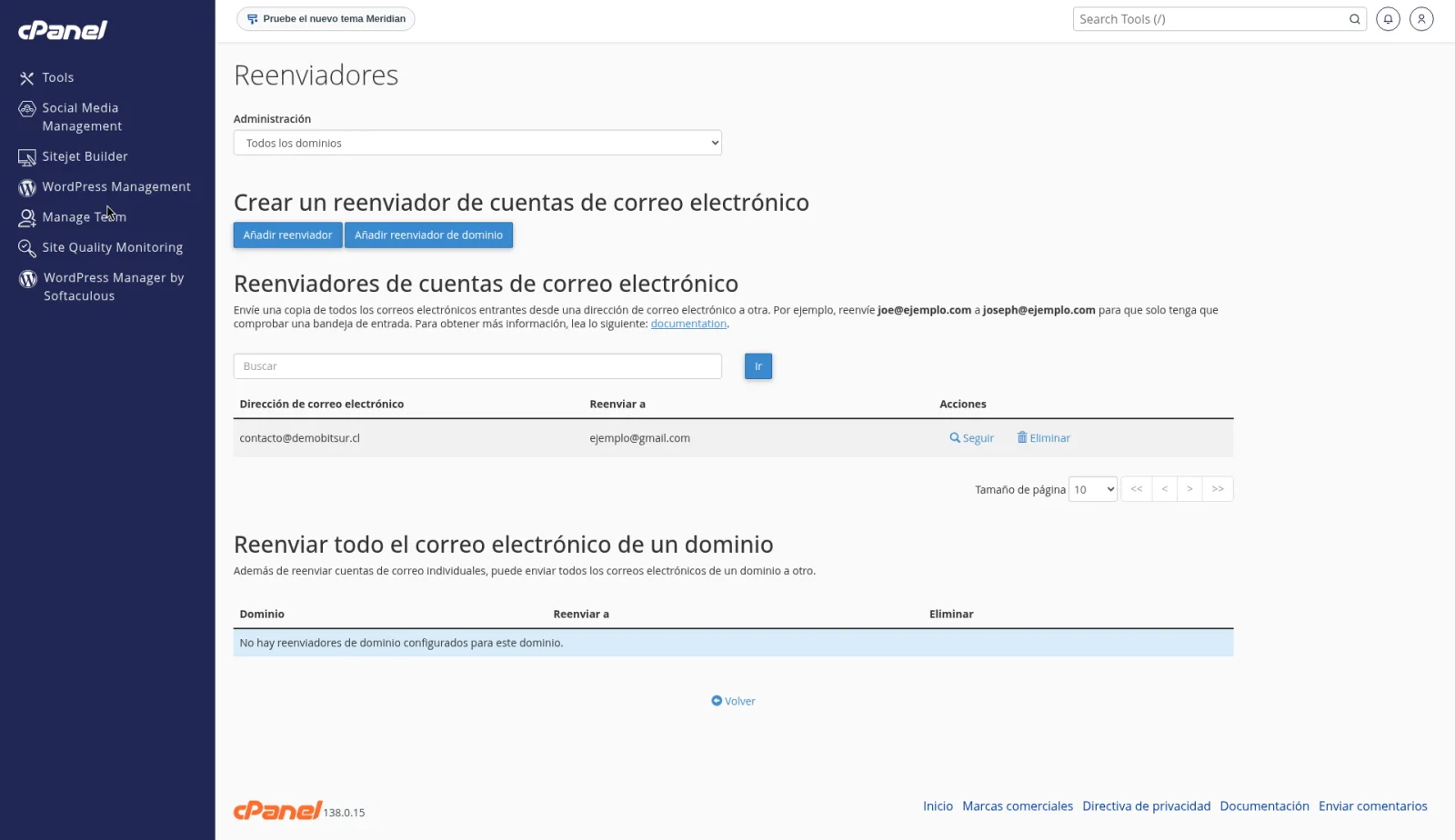 Lista de reenviadores con contacto reenviando a una dirección externa, y las acciones Seguir y Eliminar.