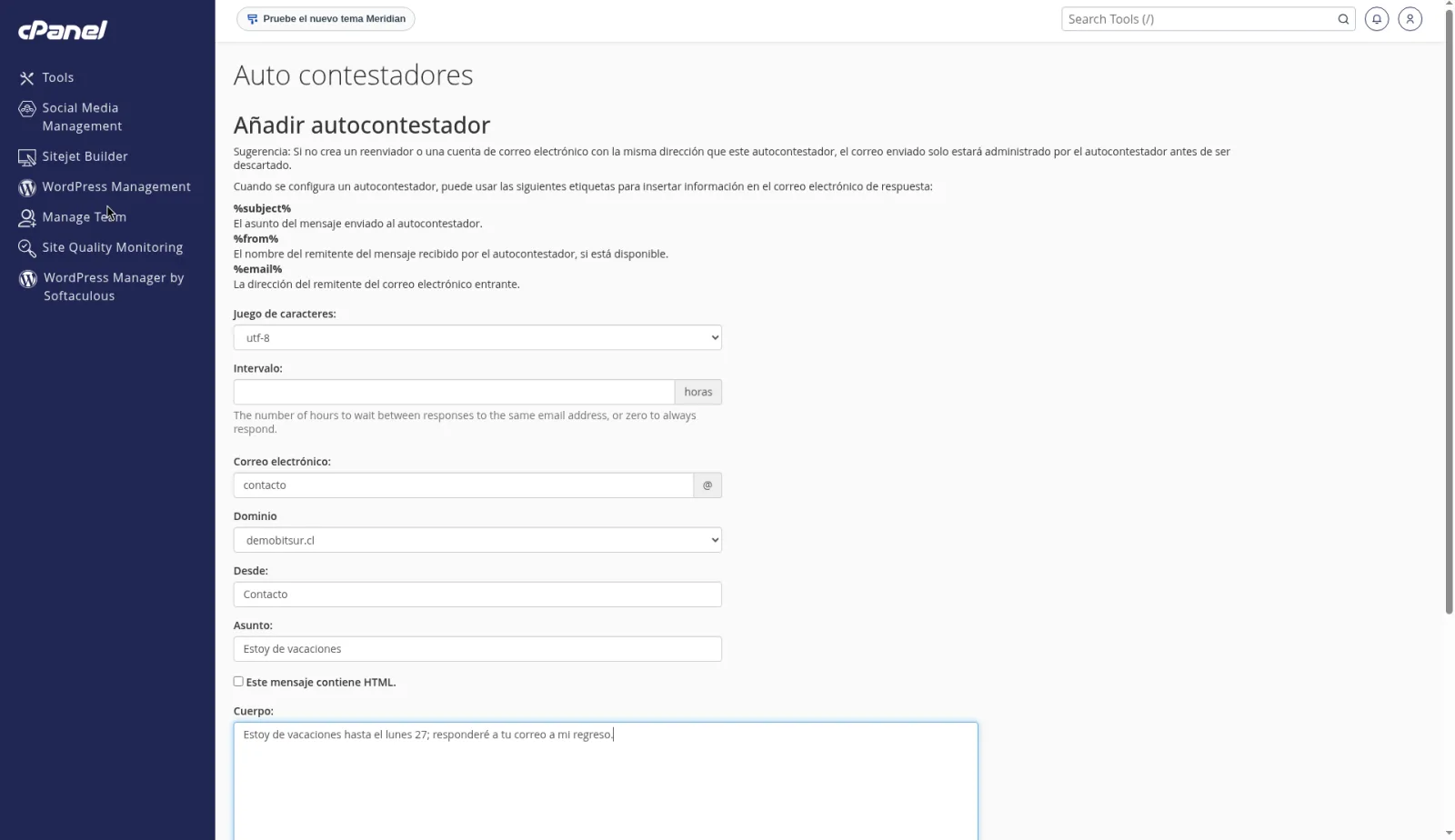 Formulario Añadir autocontestador con juego de caracteres utf-8, intervalo en horas, asunto Estoy de vacaciones y el cuerpo del mensaje.