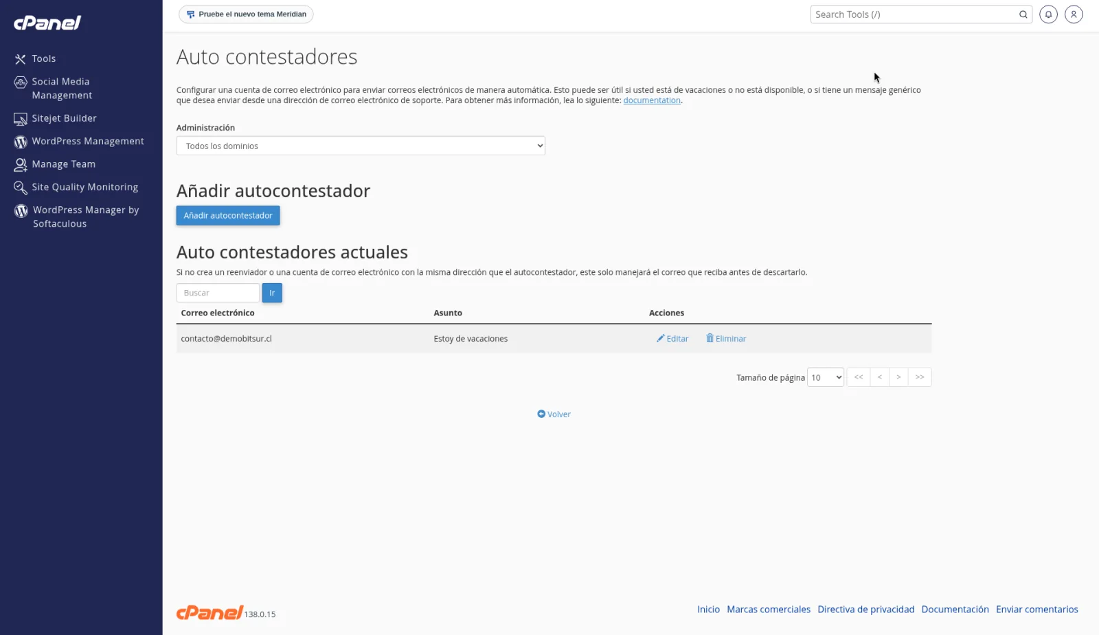 Lista de autocontestadores con contacto, el asunto Estoy de vacaciones, Editar y Eliminar.