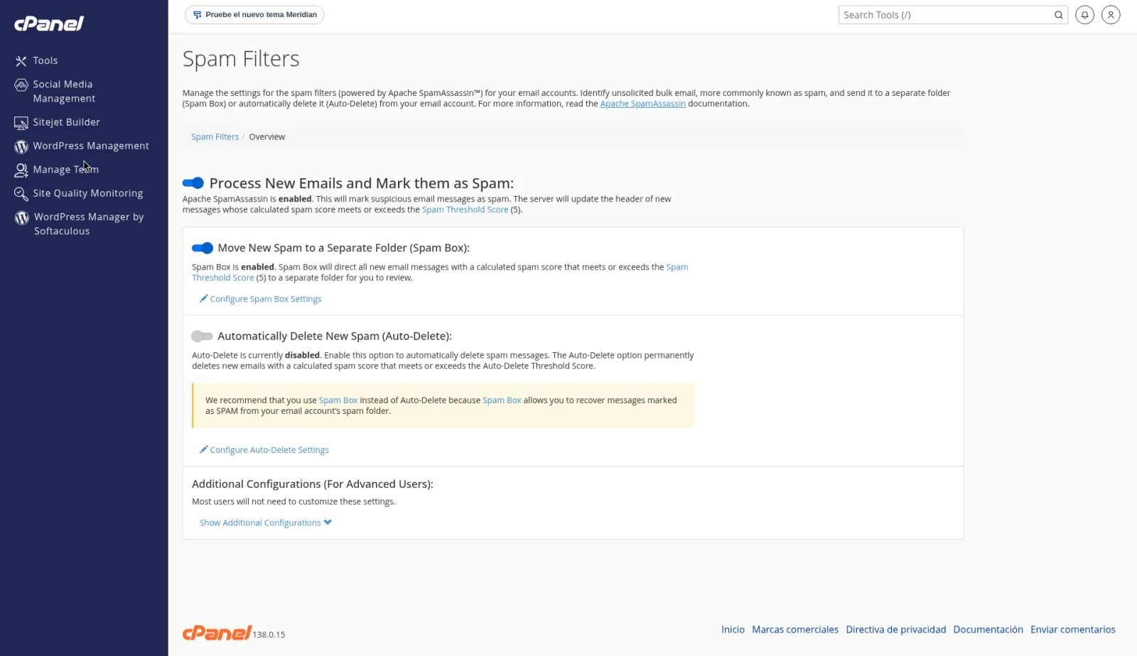 Spam Filters en Overview, con Process New Emails activo, Spam Box activa, Auto-Delete desactivado y el umbral 5.