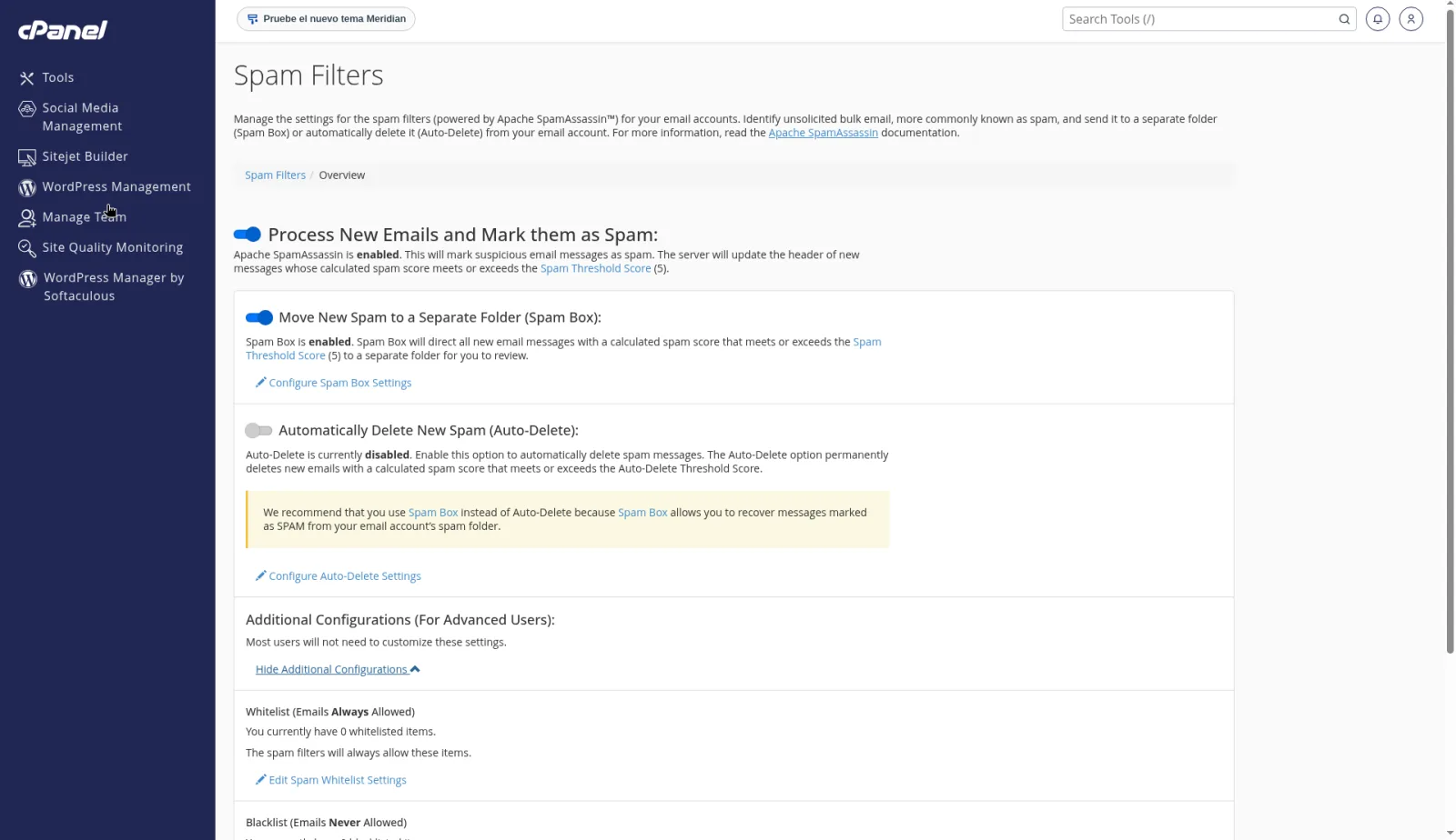 Additional Configurations de Spam Filters, con Whitelist en cero y el enlace Edit Spam Whitelist Settings.