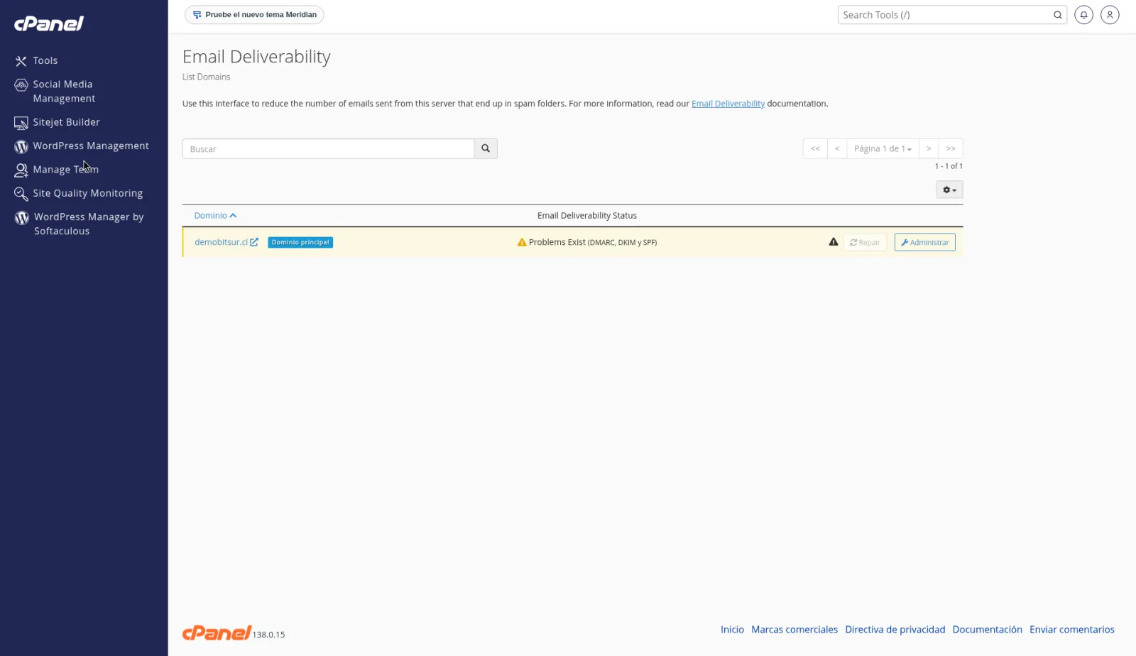 Lista Email Deliverability del dominio de prueba con el estado Problems Exist y el botón Repair.