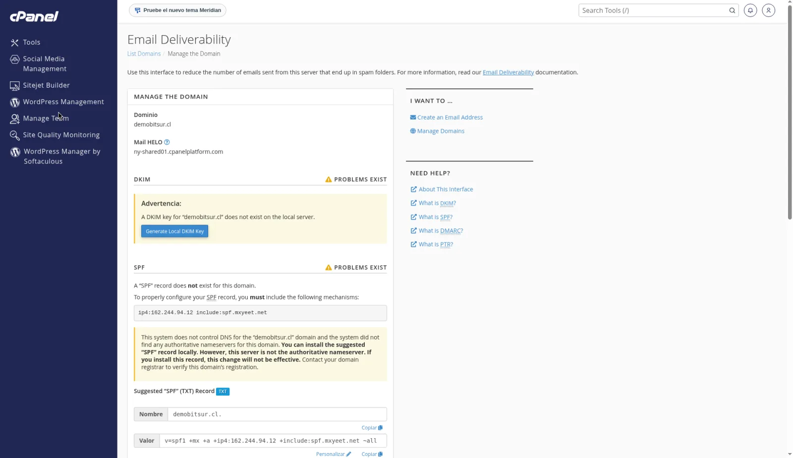 Manage the Domain con DKIM y SPF en Problems Exist para el dominio de prueba, y Mail HELO del servidor de ejemplo.