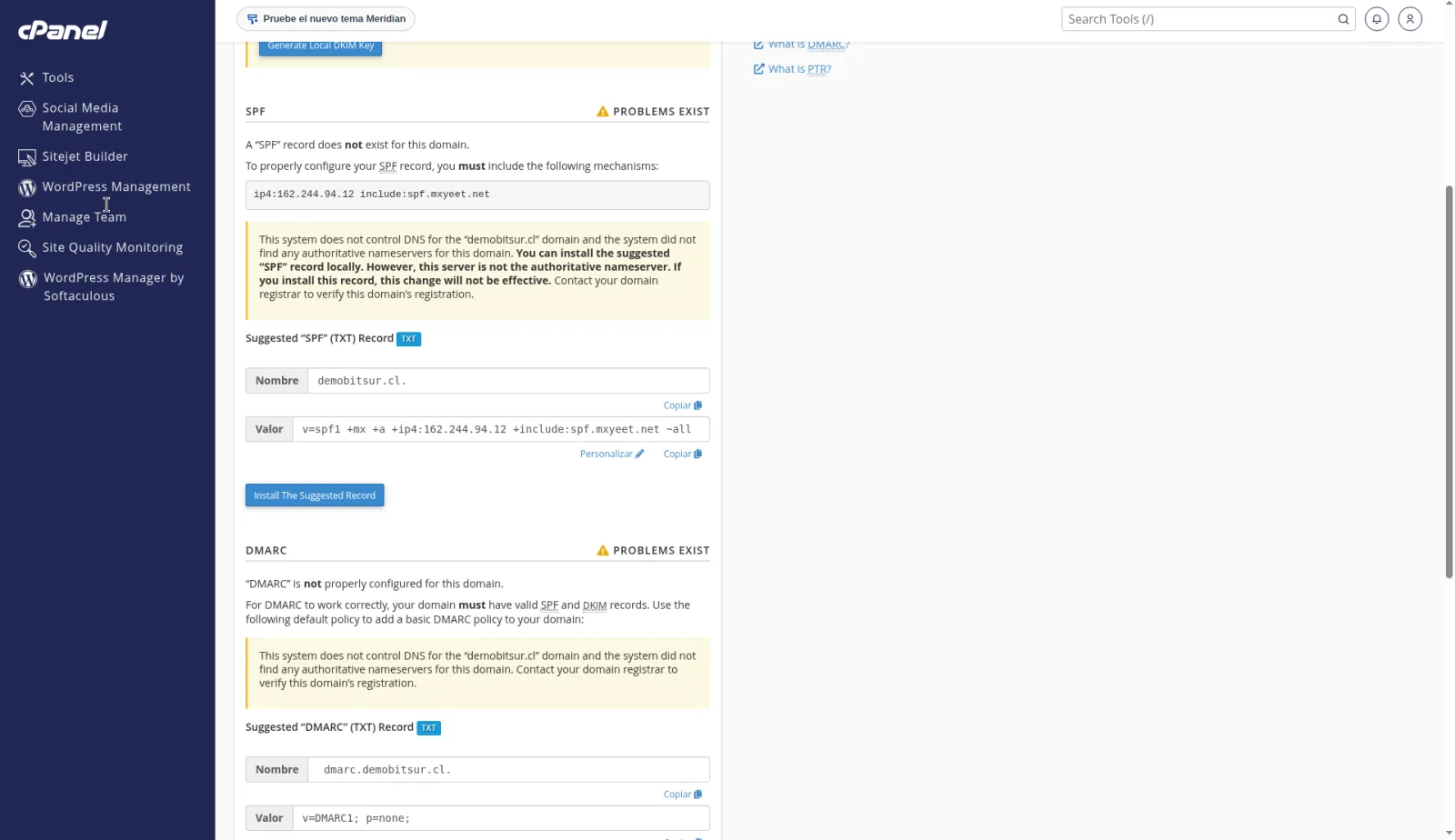 SPF y DMARC del dominio de prueba en Problems Exist, con el aviso de que el servidor no controla el DNS. Los valores son del ejemplo.