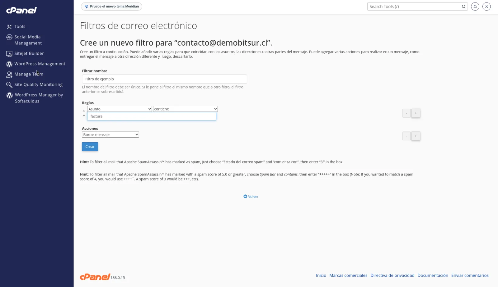 Formulario de filtro de correo sin guardar, con Filtrar nombre en Filtro de ejemplo y las pistas para coincidir con el spam.