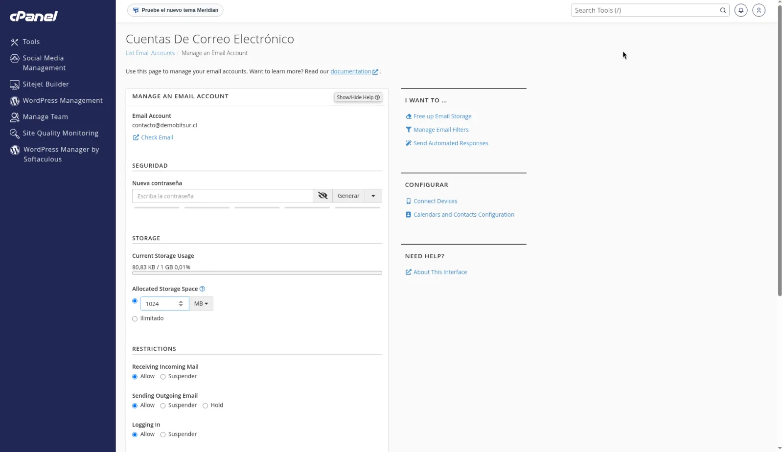 Ficha Manage de la cuenta, con Check Email, Connect Devices, el espacio asignado y las restricciones de recepción, envío e ingreso en Allow.