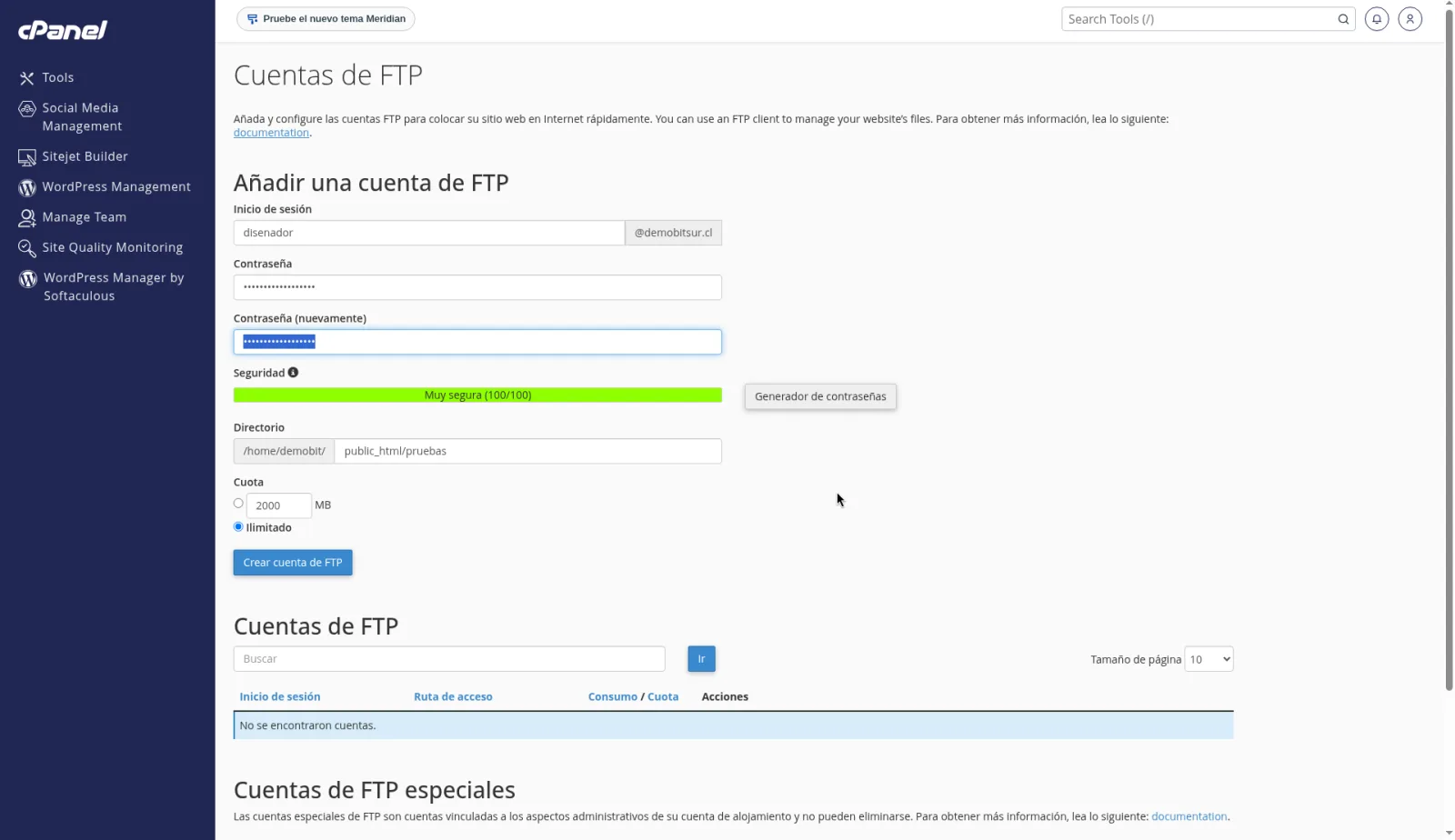 Formulario Añadir cuenta de FTP con el usuario, la contraseña enmascarada, el directorio public_html/pruebas y la cuota ilimitada.