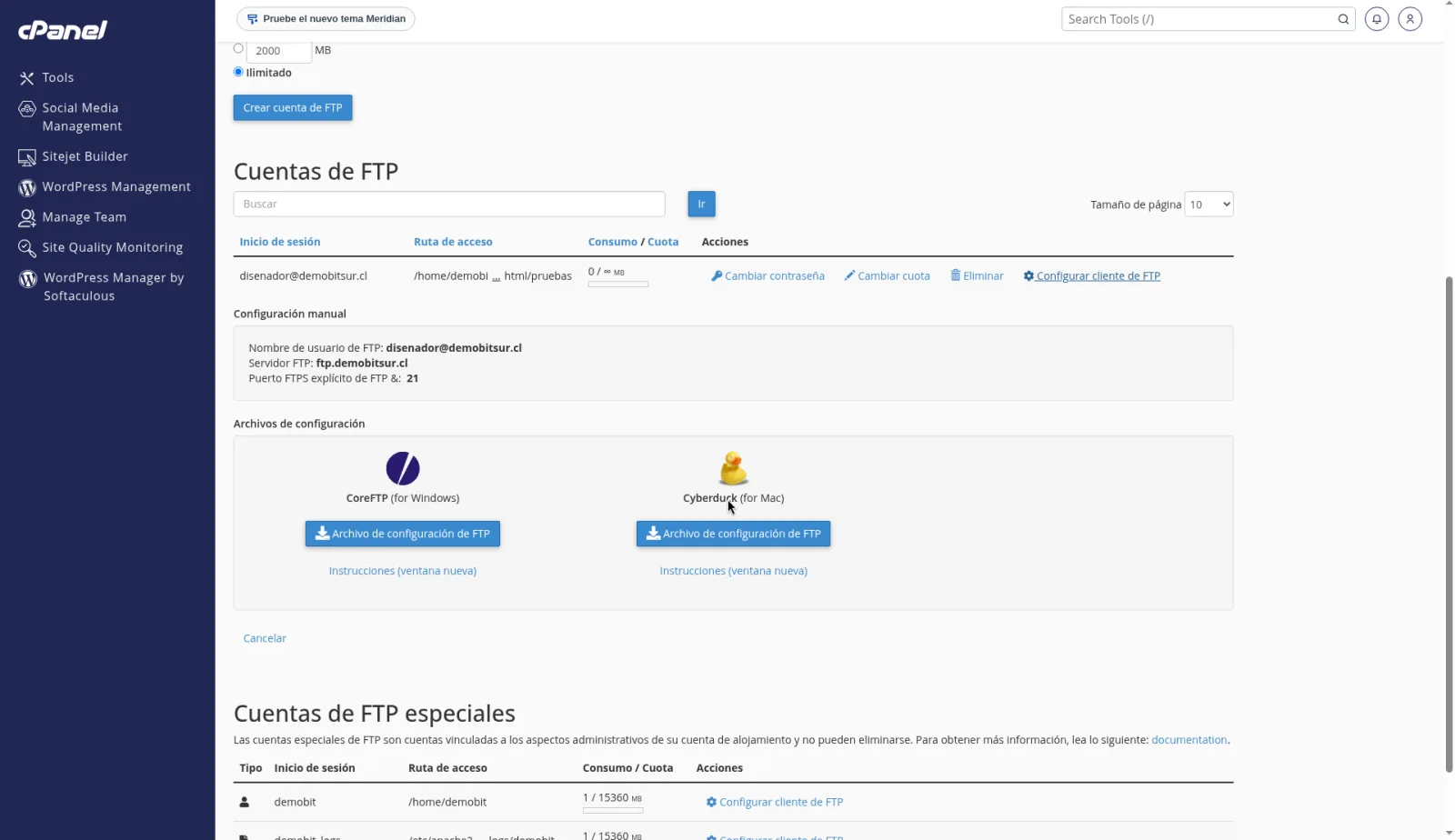 Configurar cliente de FTP con el usuario, el servidor ftp del dominio de ejemplo y el puerto 21, incluido el FTPS explícito.