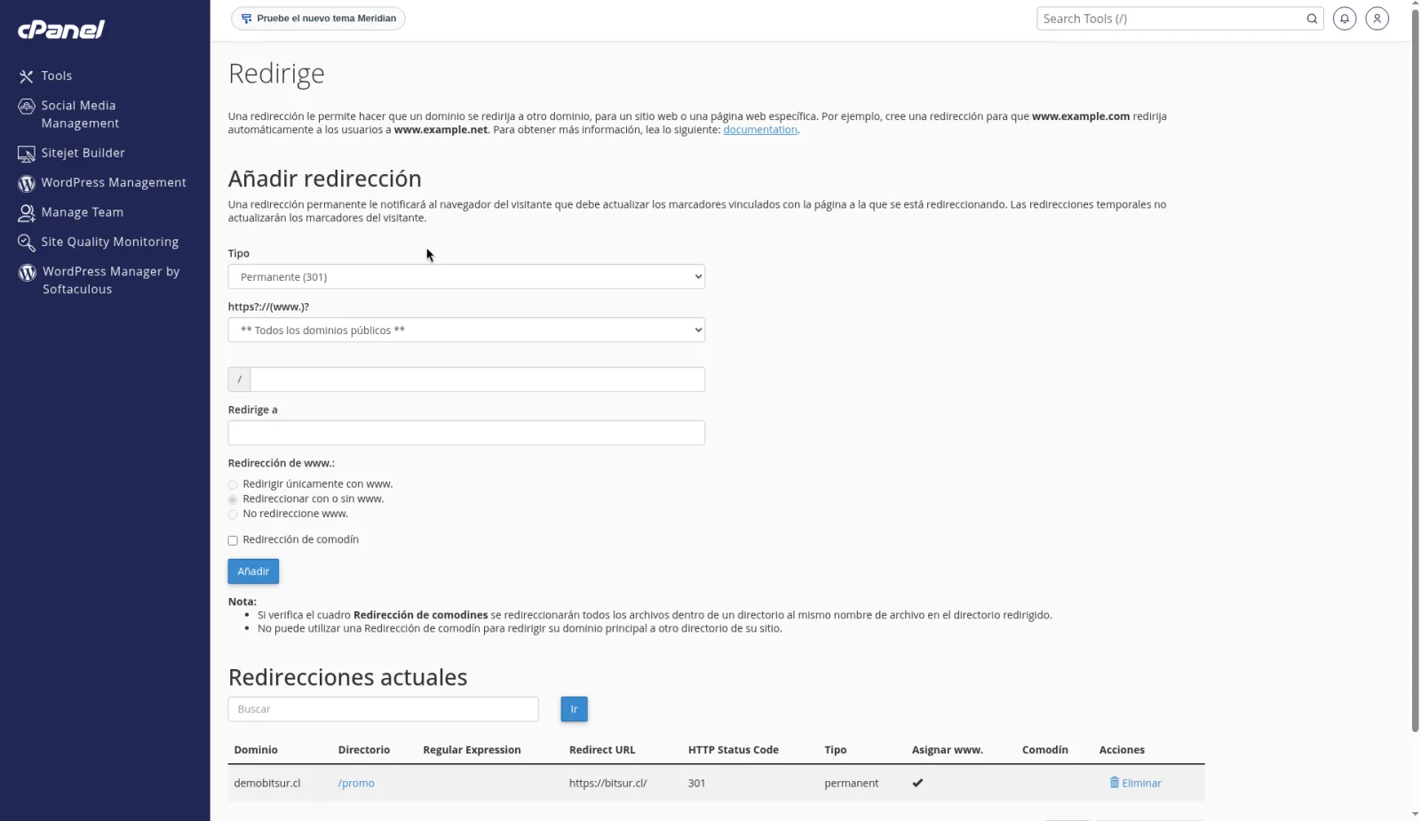 Lista de redirecciones con la ruta /promo, el destino y el estado 301.