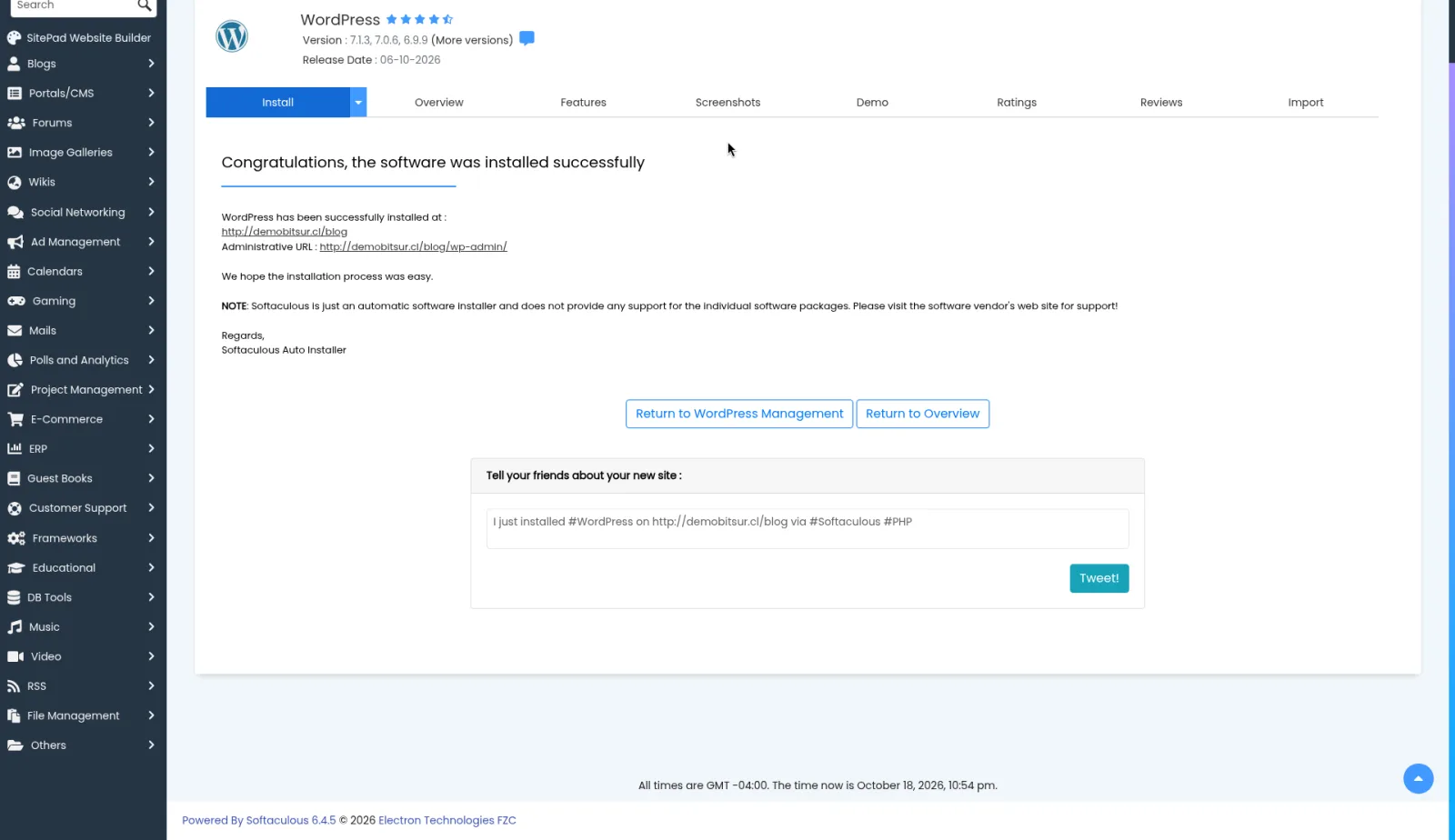 Pantalla de instalación correcta de Softaculous, con la URL del sitio de ejemplo en /blog y la nota de que Softaculous no da soporte del programa.
