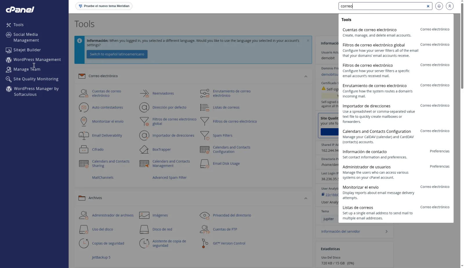 Búsqueda Search Tools con la palabra correo y resultados como Cuentas de correo electrónico, Filtros de correo electrónico y Spam Filters.