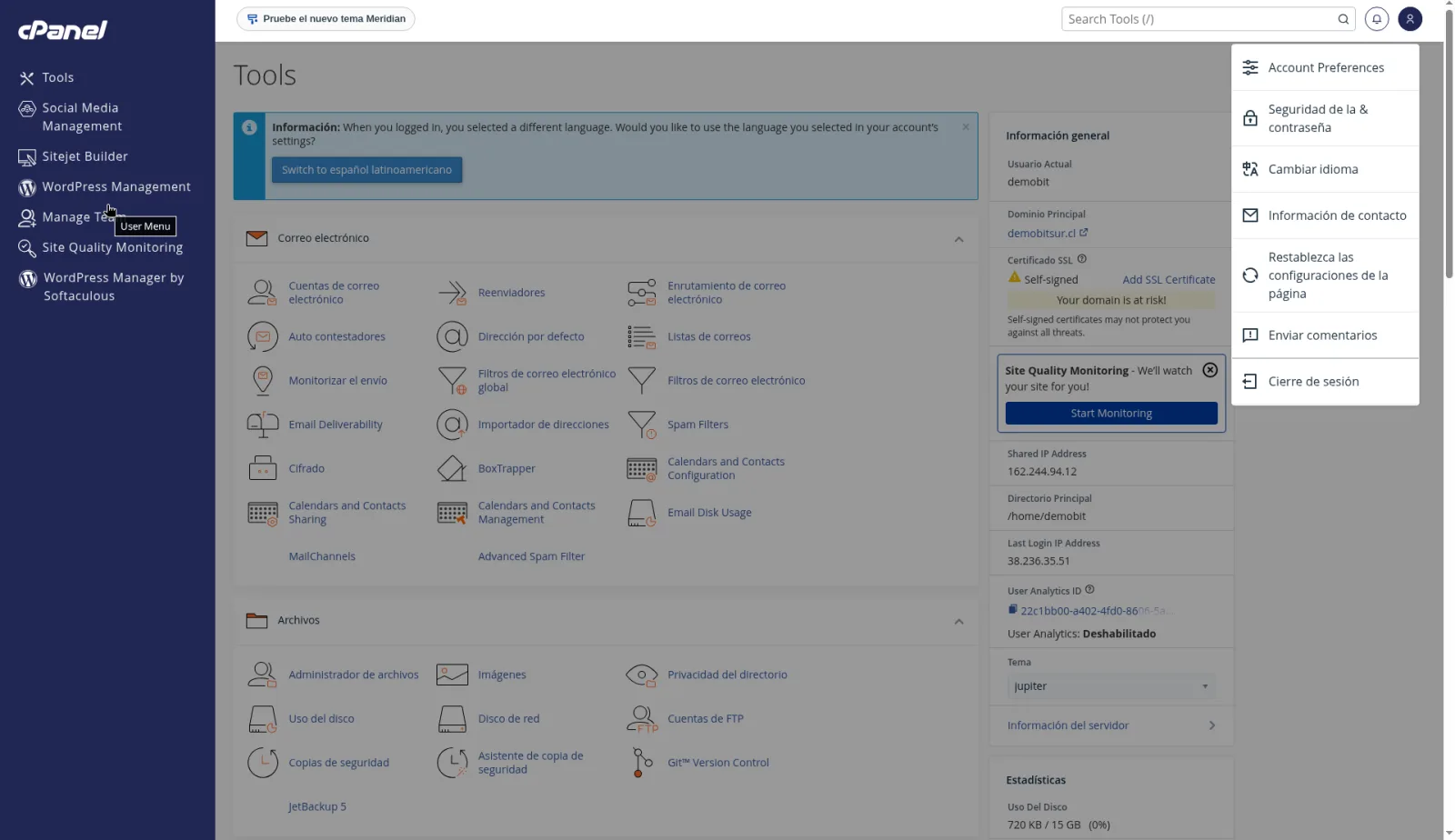 Menú del usuario con Account Preferences, Password & Security, Contact Information, Change Language, Change Style y Log Out.