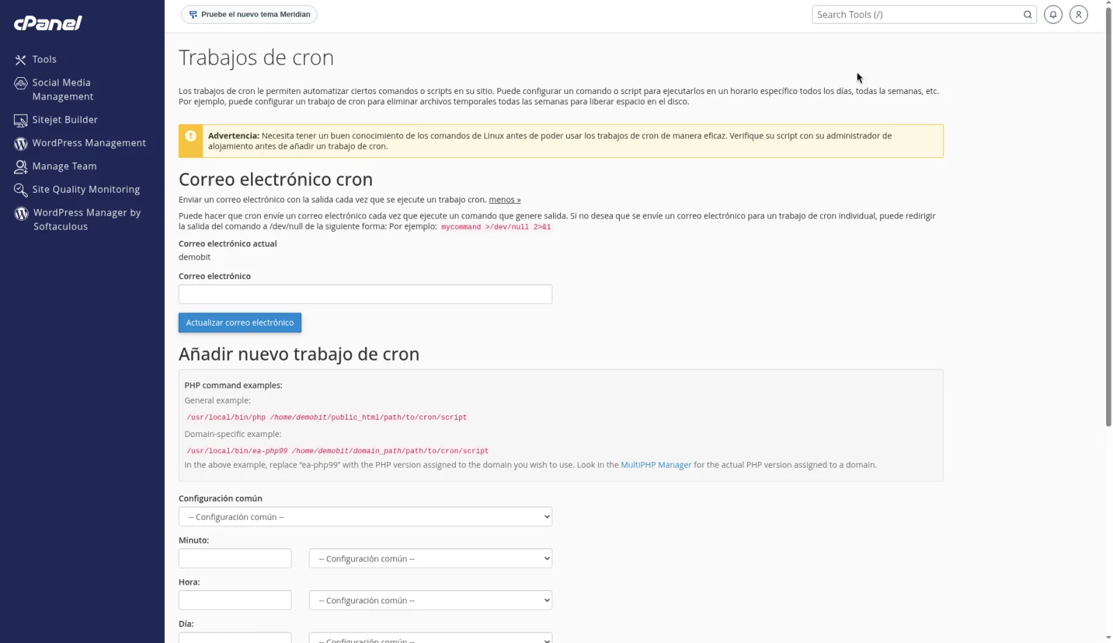 Trabajos de cron con el aviso de la salida por correo, Correo electrónico actual y Actualizar correo electrónico.
