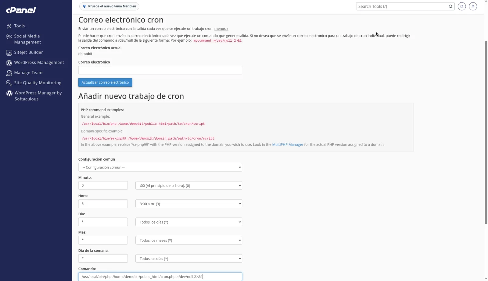 Formulario de cron con minuto 0, hora 3, el resto en asterisco y un comando PHP de la cuenta de ejemplo, antes de añadirlo.