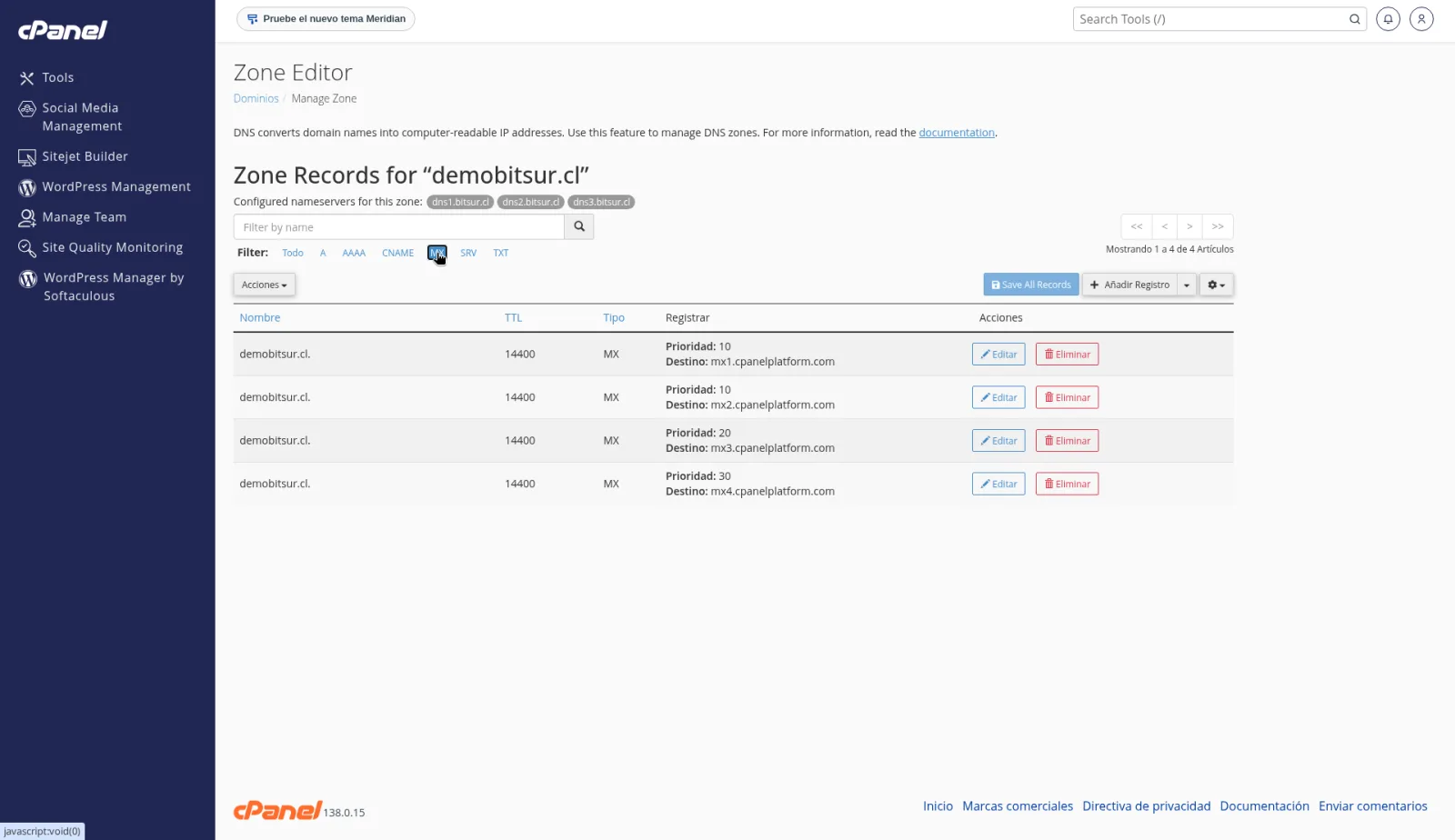 Zone Editor filtrado por MX, con los registros MX del dominio de ejemplo y las acciones Editar y Eliminar.