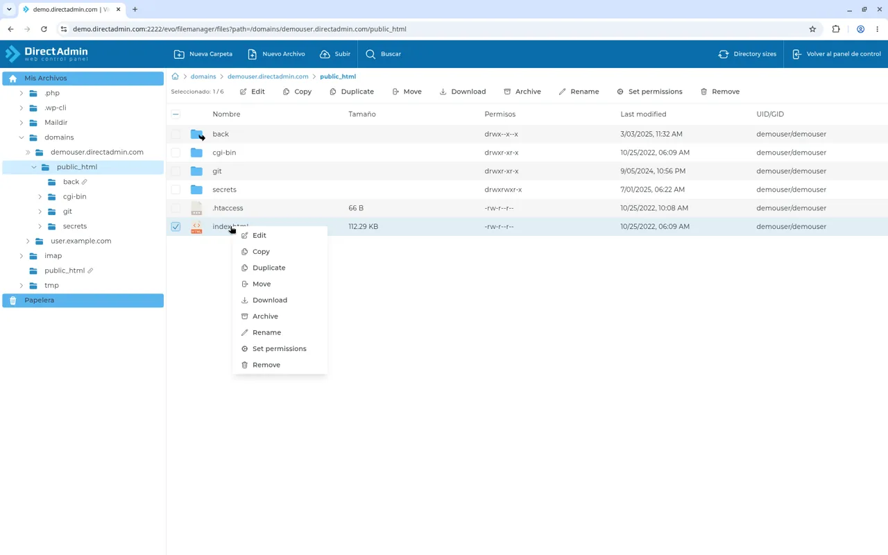 Menú contextual de index.html con Edit, Copy, Duplicate, Move, Download, Archive, Rename, Set permissions y Remove.