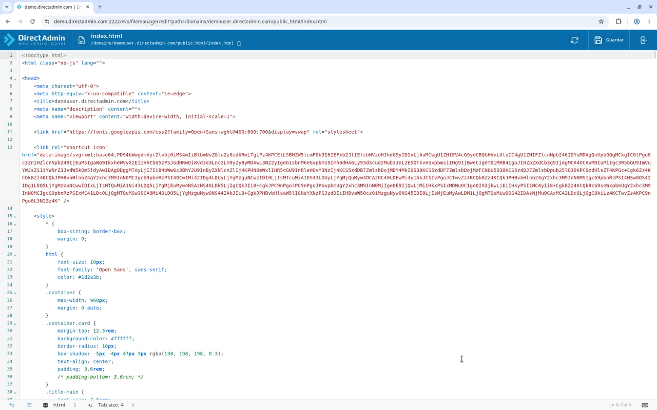 Editor de index.html con la ruta del archivo y el botón GUARDAR.