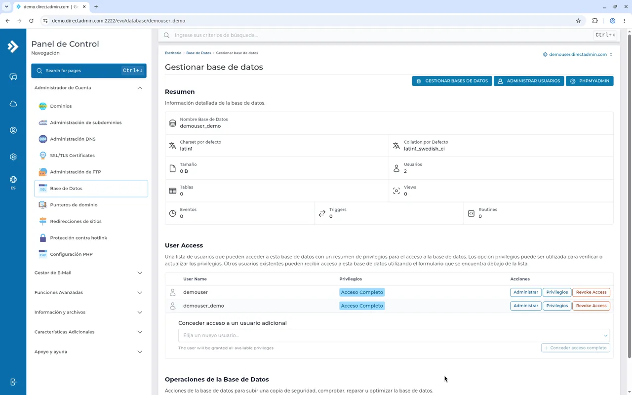 Gestionar base de datos con el resumen de demouser_demo, User Access y Conceder acceso a un usuario adicional.