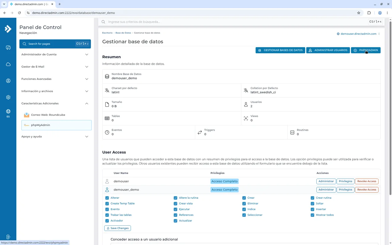 Menú Información y archivos con el enlace phpMyAdmin de la base demouser_demo.