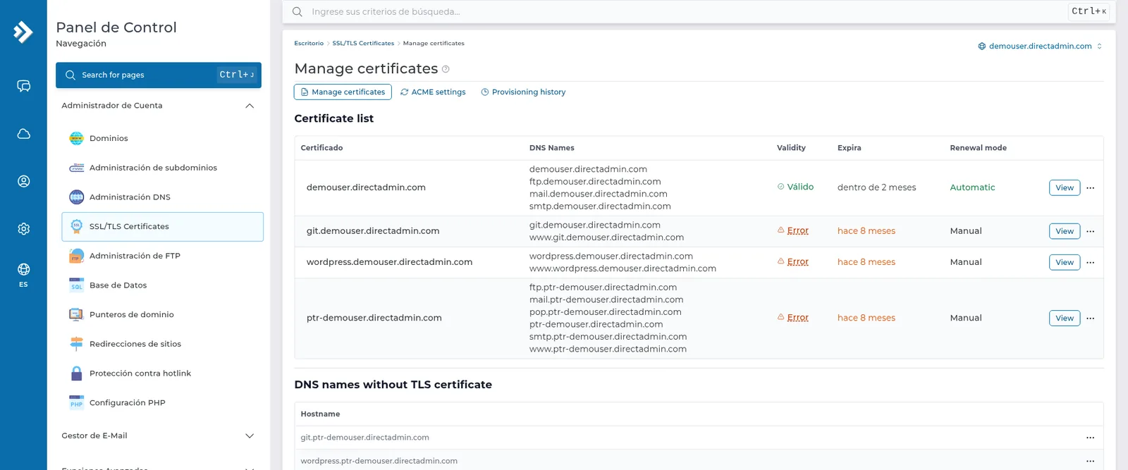 Manage certificates con la lista de certificados, DNS Names, Validity, Expira, Renewal mode Automatic y la sección DNS names without TLS certificate.