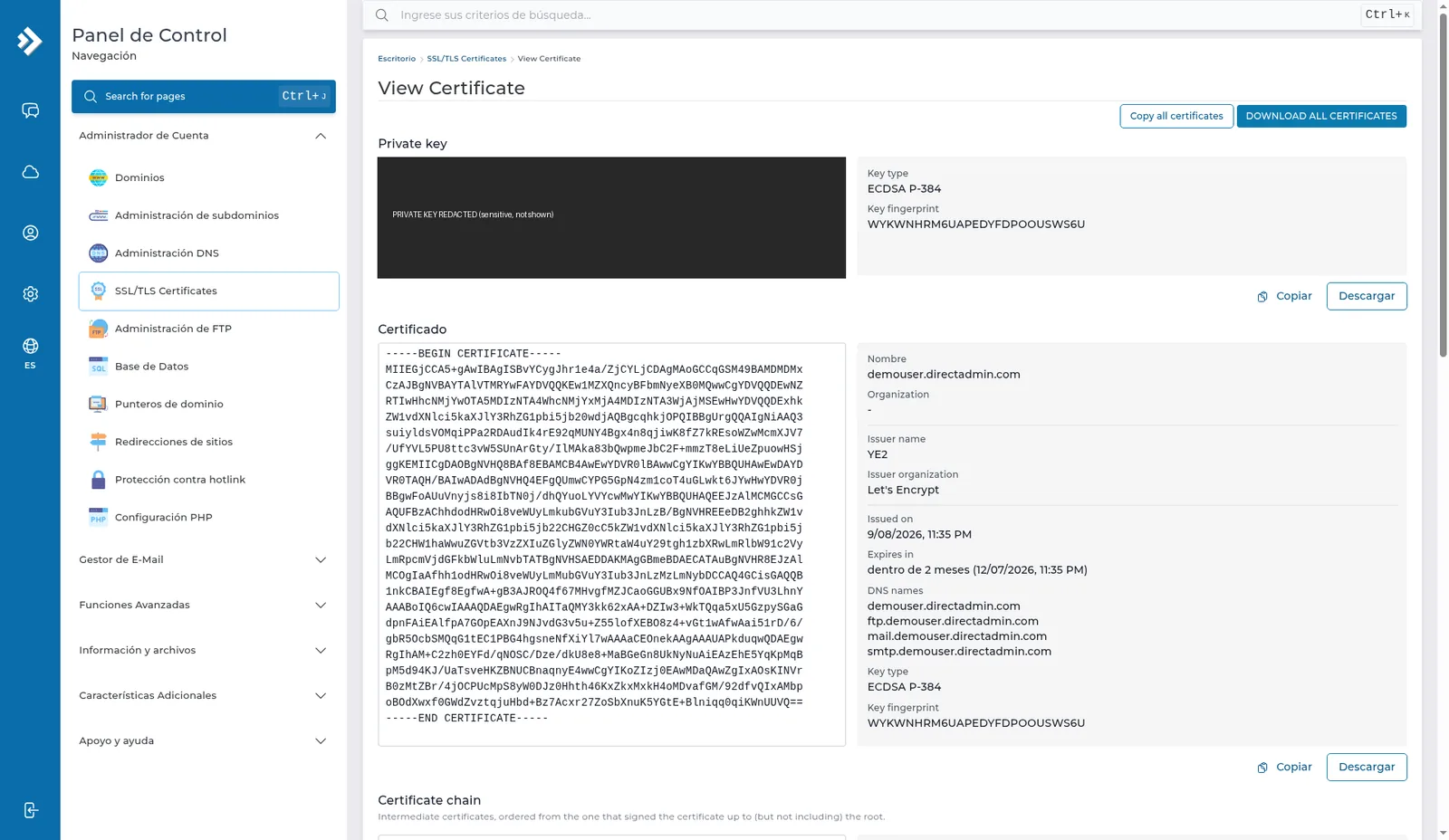 View Certificate con la clave privada tachada, el certificado público, Let's Encrypt y la lista DNS names.
