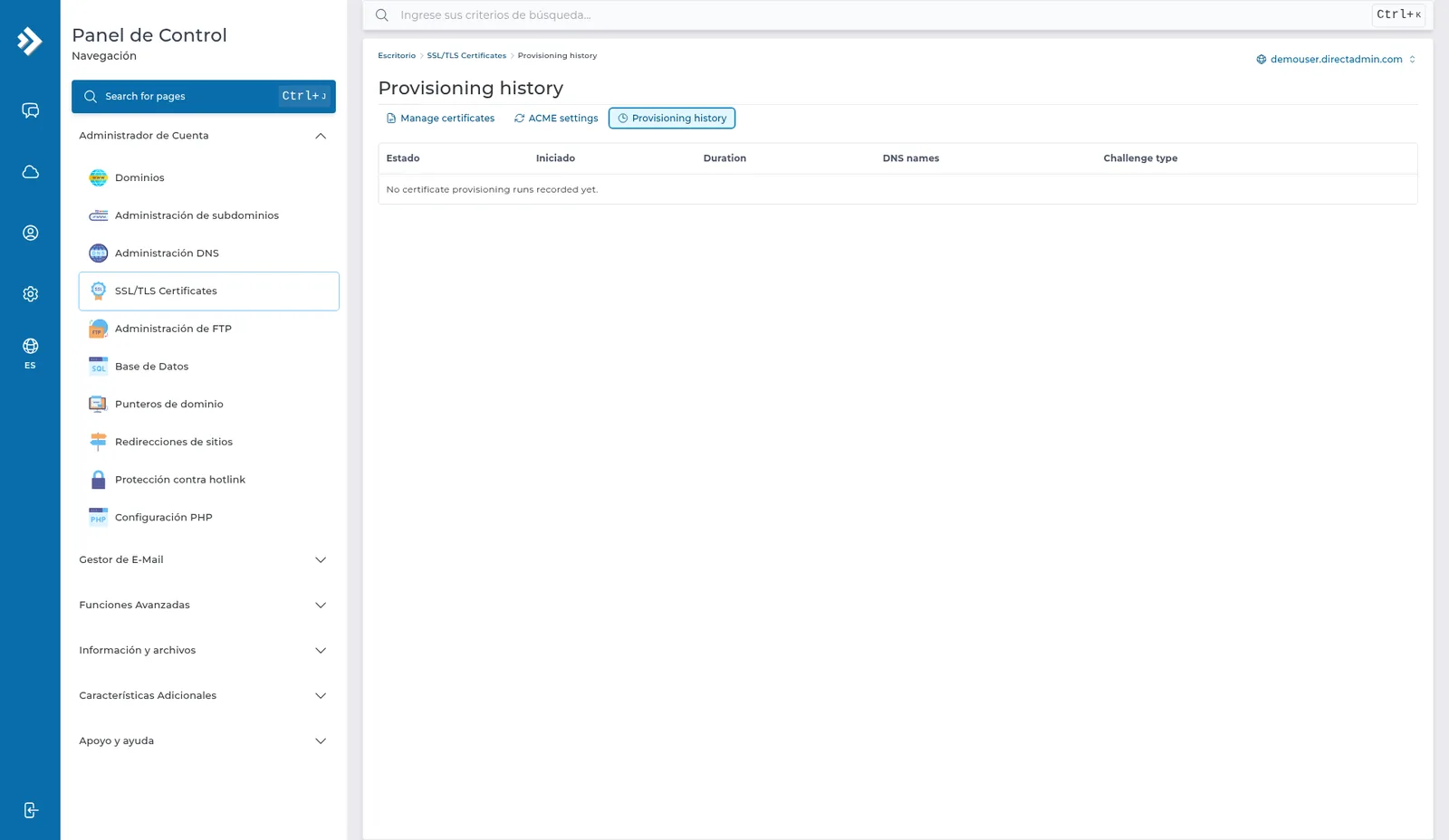 Provisioning history vacío, con el texto No certificate provisioning runs recorded yet.