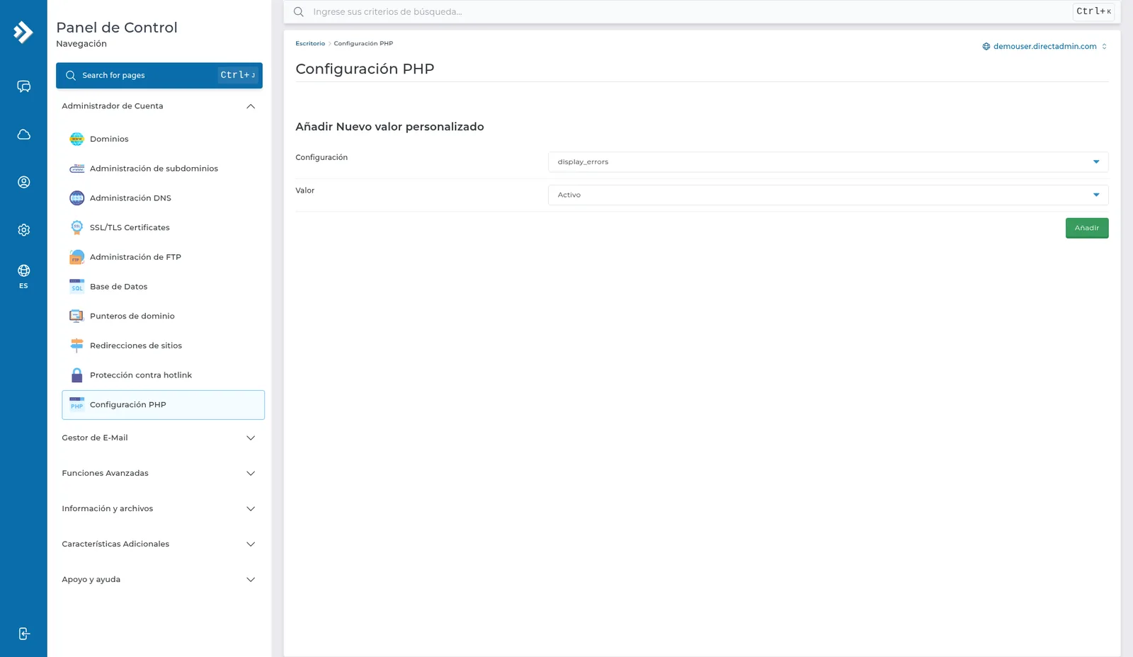 Configuración PHP con Añadir Nuevo valor personalizado, Configuración en display_errors, Valor en Activo y el botón AÑADIR.