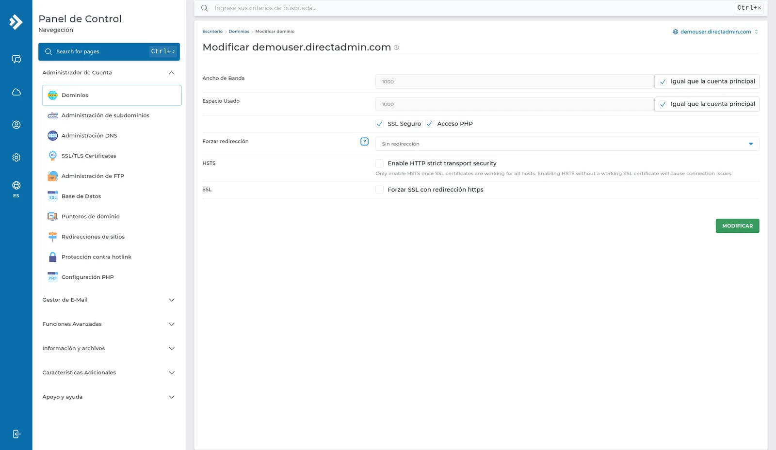 Modificar dominio con las casillas SSL Seguro y Acceso PHP, sin un selector de versión de PHP.