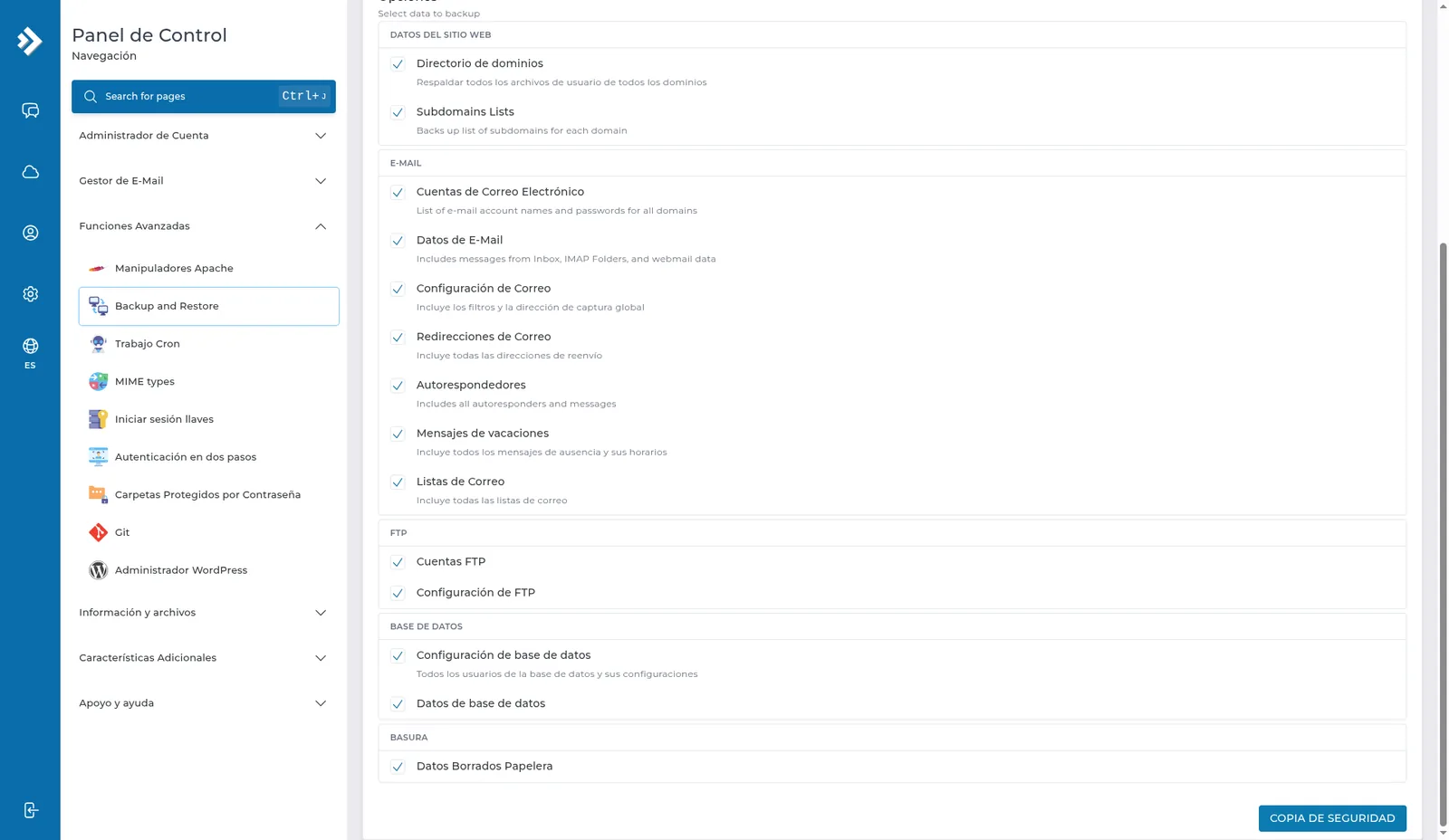 Opciones de la copia con Datos del sitio web, E-mail, FTP, Base de datos, Basura y el botón COPIA DE SEGURIDAD.