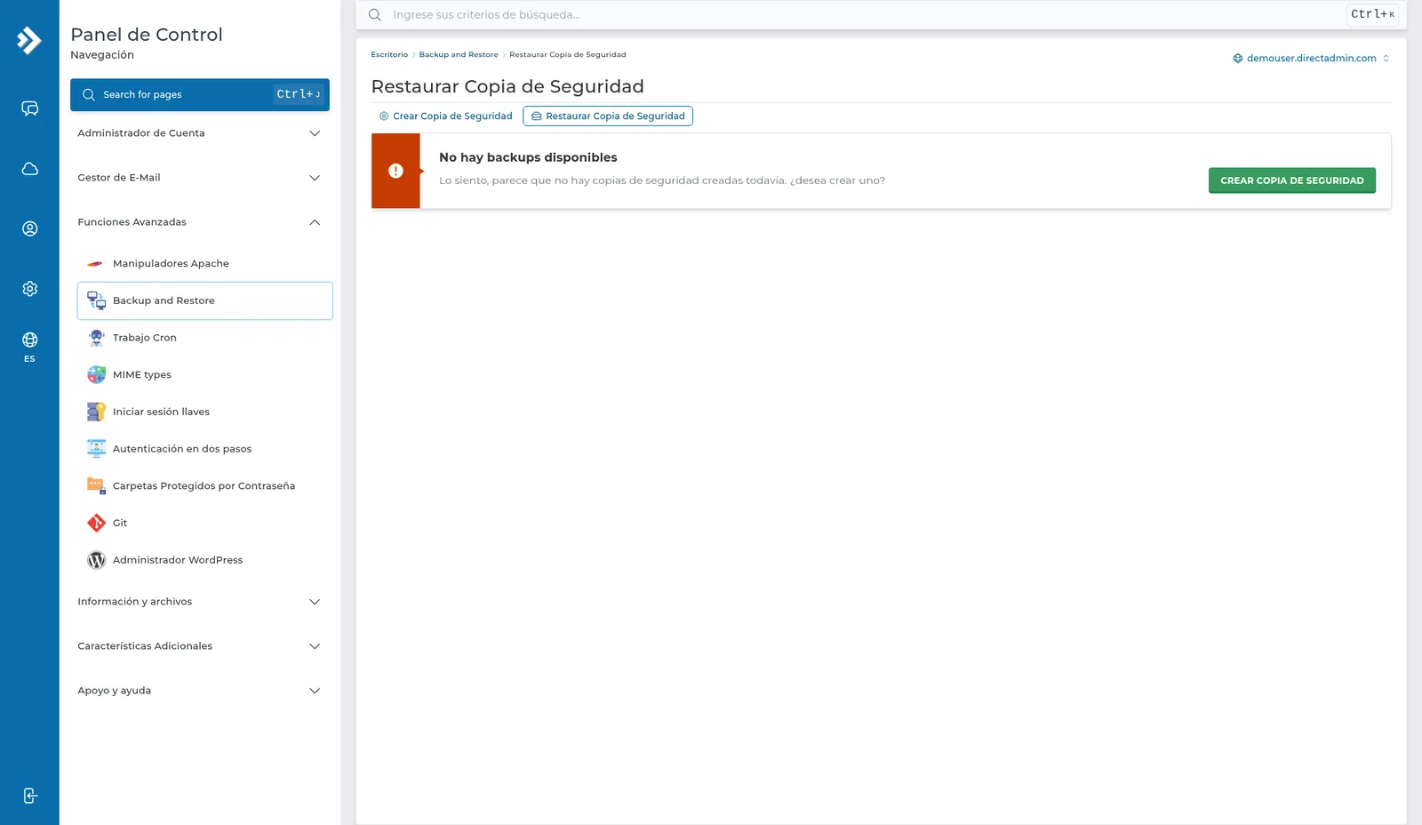 Pestaña Restaurar Copia de Seguridad con el aviso No hay backups disponibles y el botón CREAR COPIA DE SEGURIDAD.