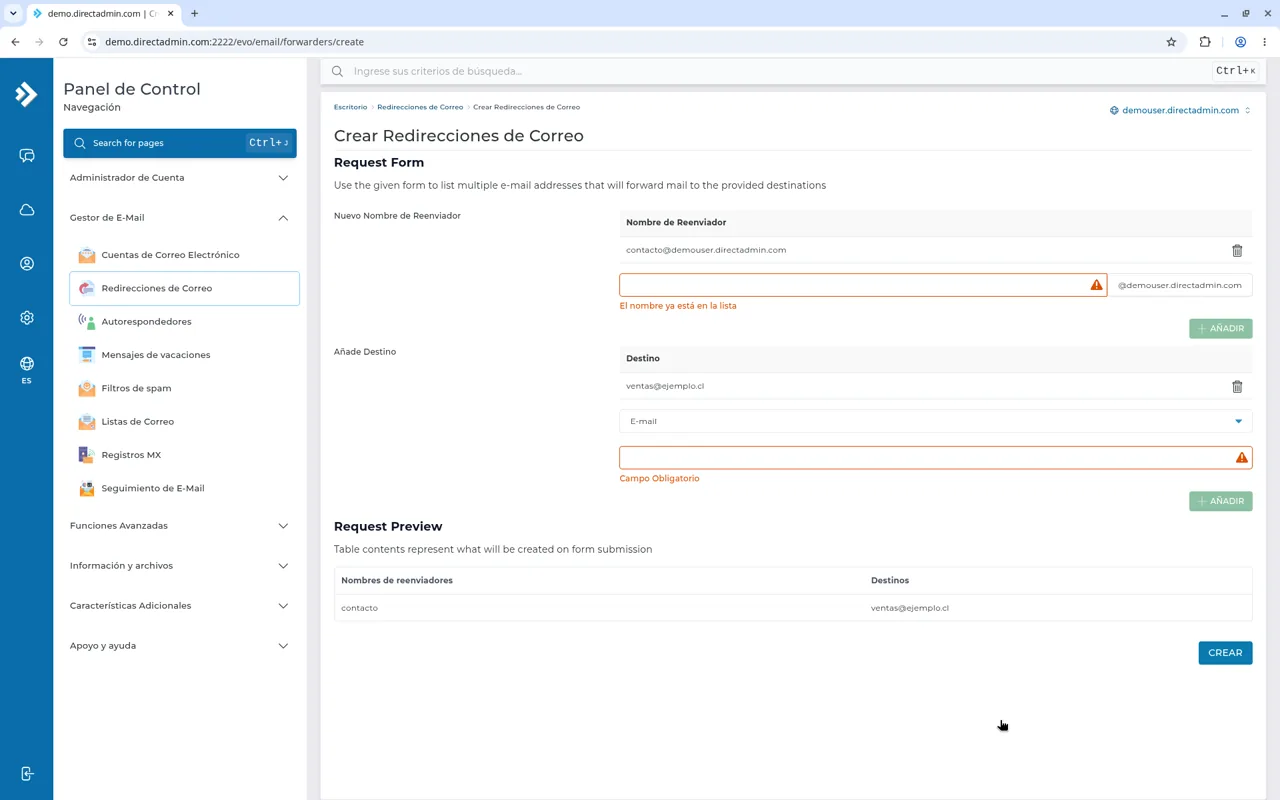 Formulario Crear Redirecciones de Correo con Nuevo Nombre de Reenviador, Añade Destino y la vista previa Request Preview.