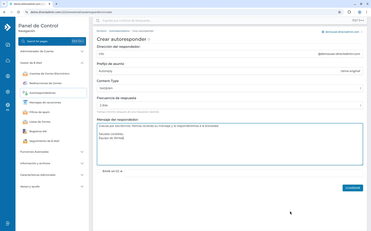 Formulario Crear autoresponder con Dirección del respondedor, Prefijo de asunto, Content-Type text/plain, frecuencia de 2 días, el mensaje y Envíe un CC a.