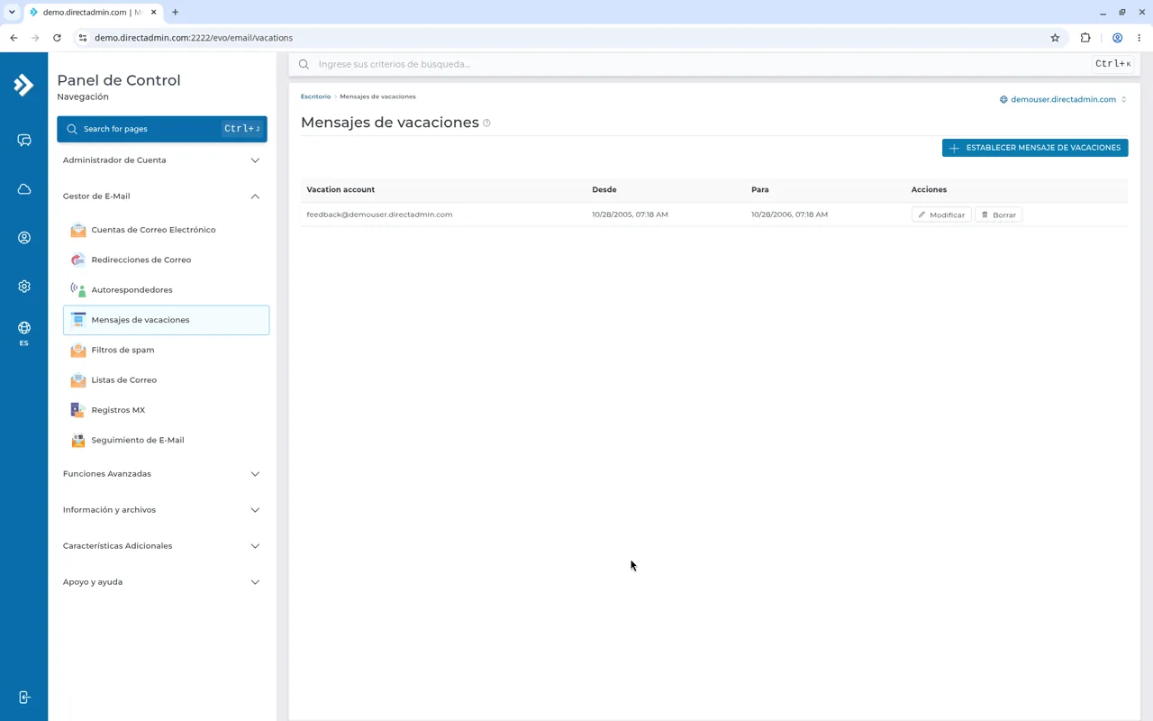 Lista Mensajes de vacaciones con Vacation account, Desde, Para, Modificar y Borrar.