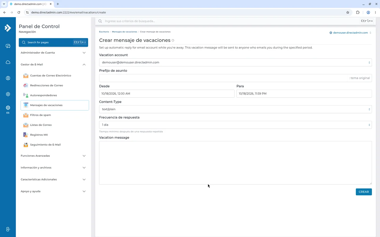 Formulario Crear mensaje de vacaciones con Vacation account, Desde, Para, Content-Type, frecuencia y Vacation message.