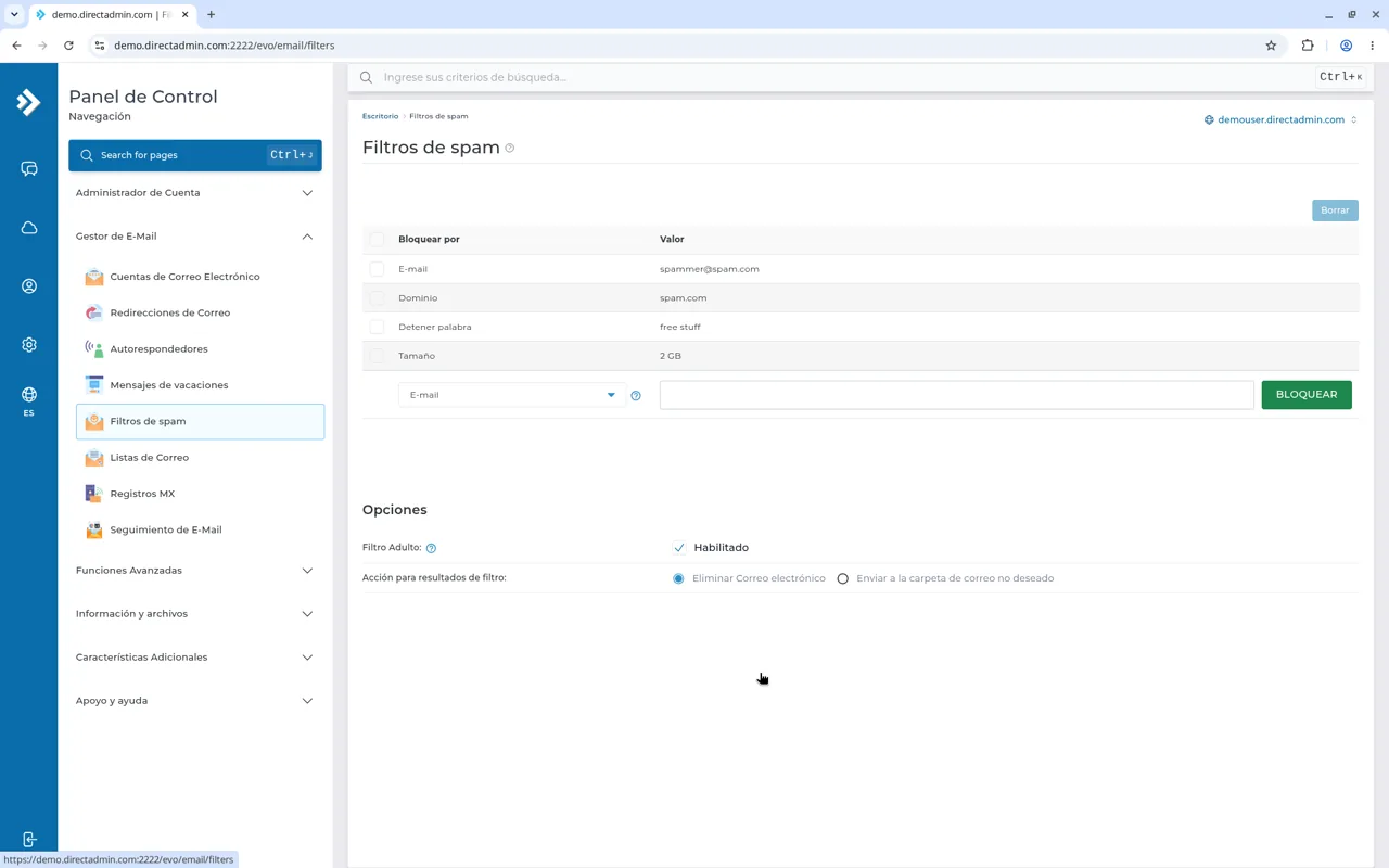 Filtros de spam con Bloquear por E-mail, Dominio, Detener palabra y Tamaño, Filtro Adulto en Habilitado y la acción Enviar a la carpeta de correo no deseado.
