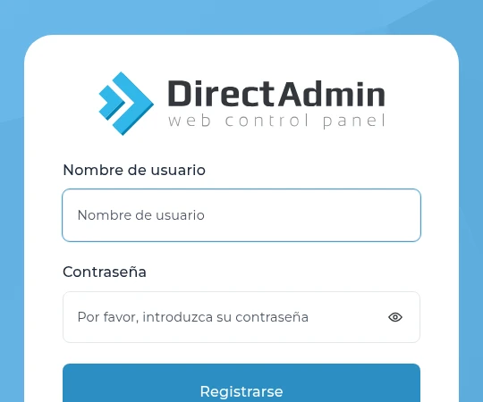 Pantalla de acceso de DirectAdmin en español, con los campos Nombre de usuario y Contraseña, el botón Registrarse y el selector de idioma en Español.